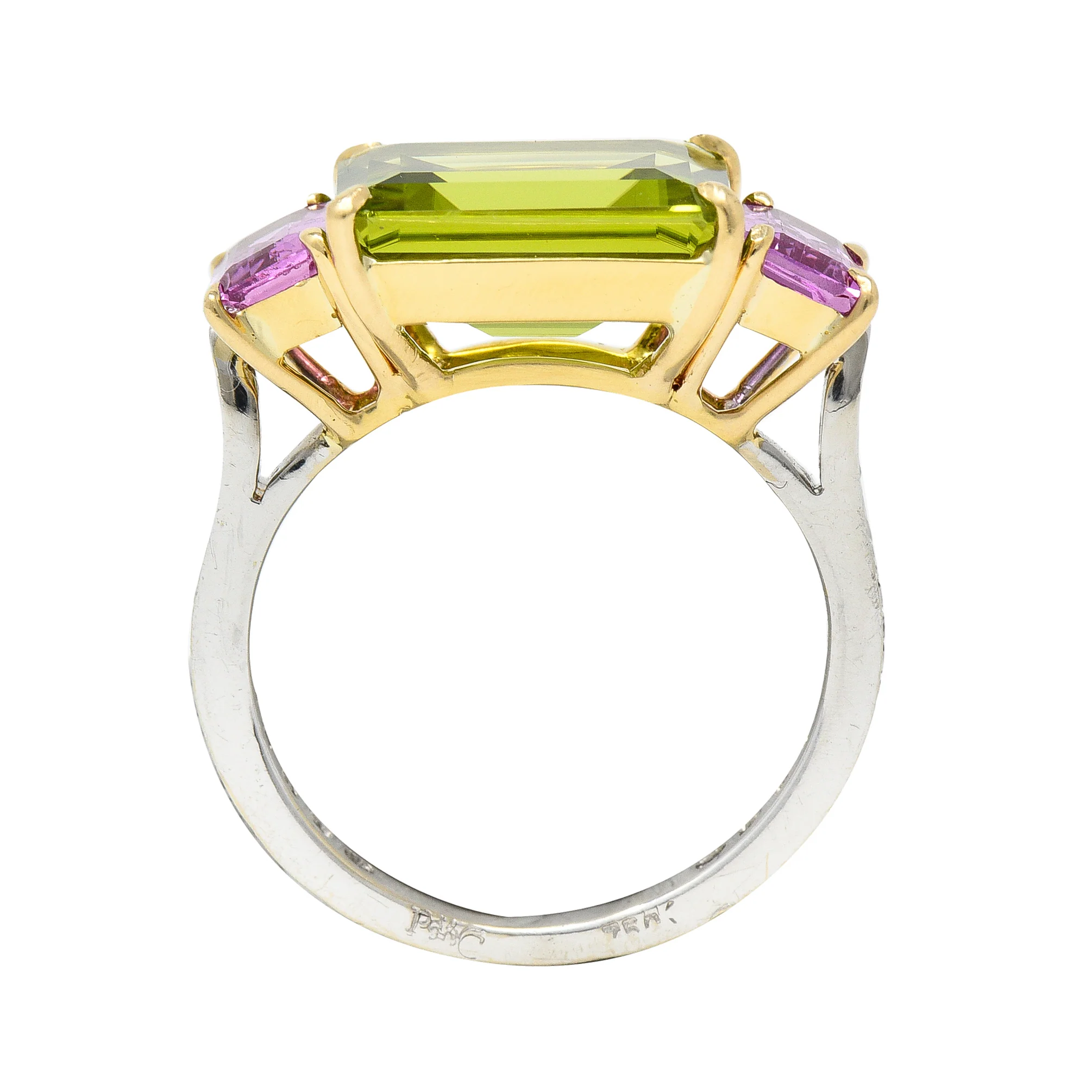 Paolo Costaglio Contemporary 10.45 CTW Diamond Peridot Pink Sapphire 18 Karat Two-Tone Gold Three Stone Florentine Ring - Image 8