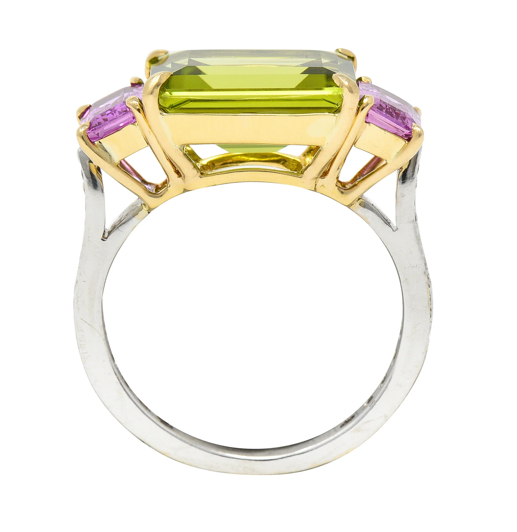 Paolo Costaglio Contemporary 10.45 CTW Diamond Peridot Pink Sapphire 18 Karat Two-Tone Gold Three Stone Florentine Ring - Image 9