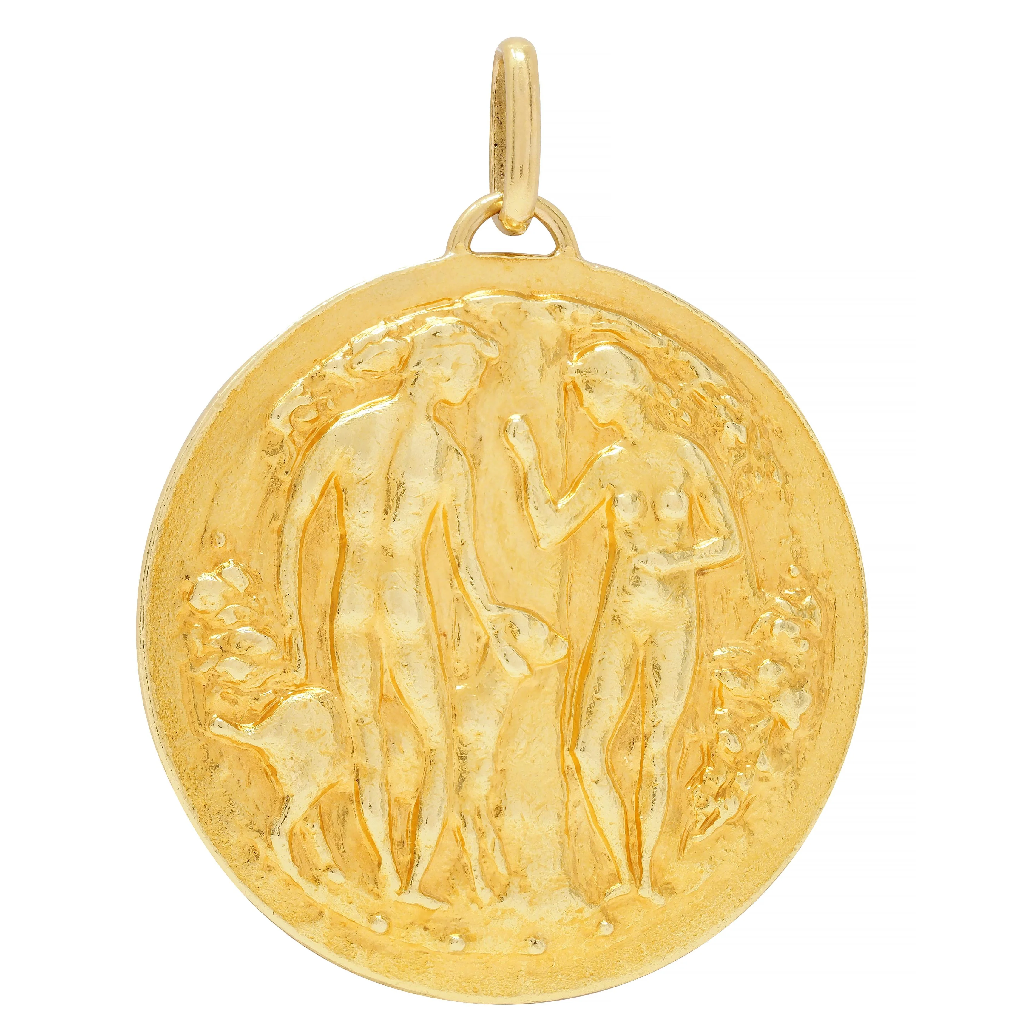 Paul Belmondo 1947 French 18 Karat Yellow Gold Pastoral Pax Vintage Cameo Pendant Necklace - Image 3