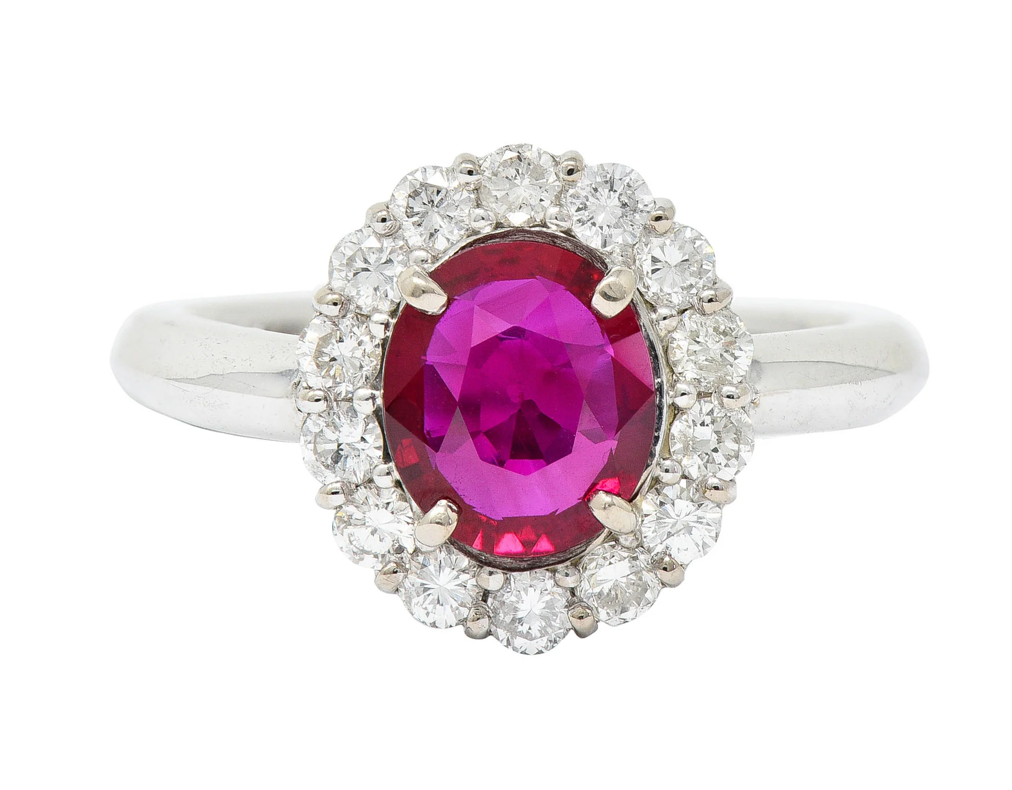 Pigeon's Blood 1.77 CTW Burma Ruby Diamond 18 Karat White Gold Cluster Ring GIA