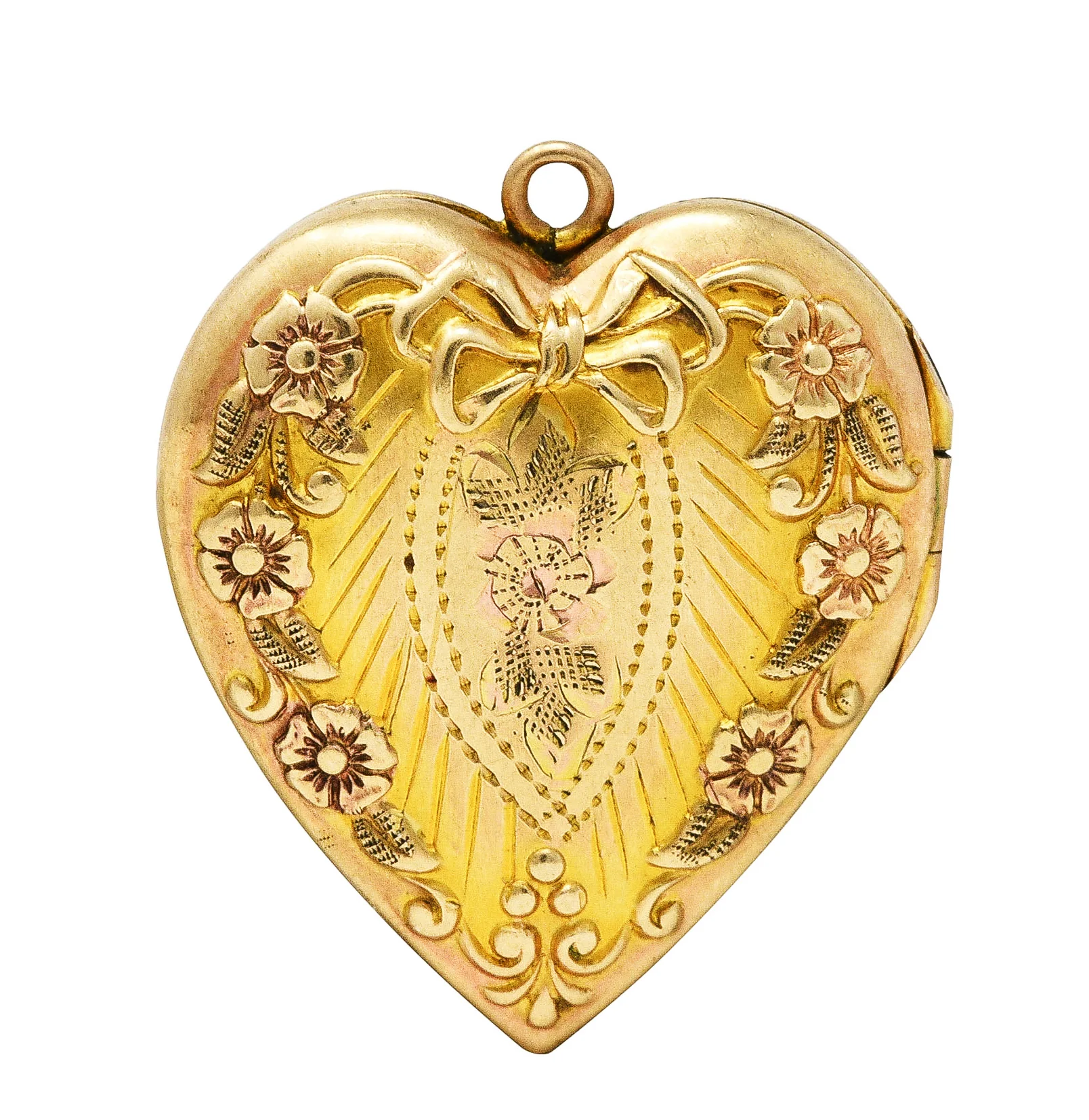 Plainville Stock Co. Art Deco 10 Karat Gold Floral Bow Heart Locket Pendant - Image 7