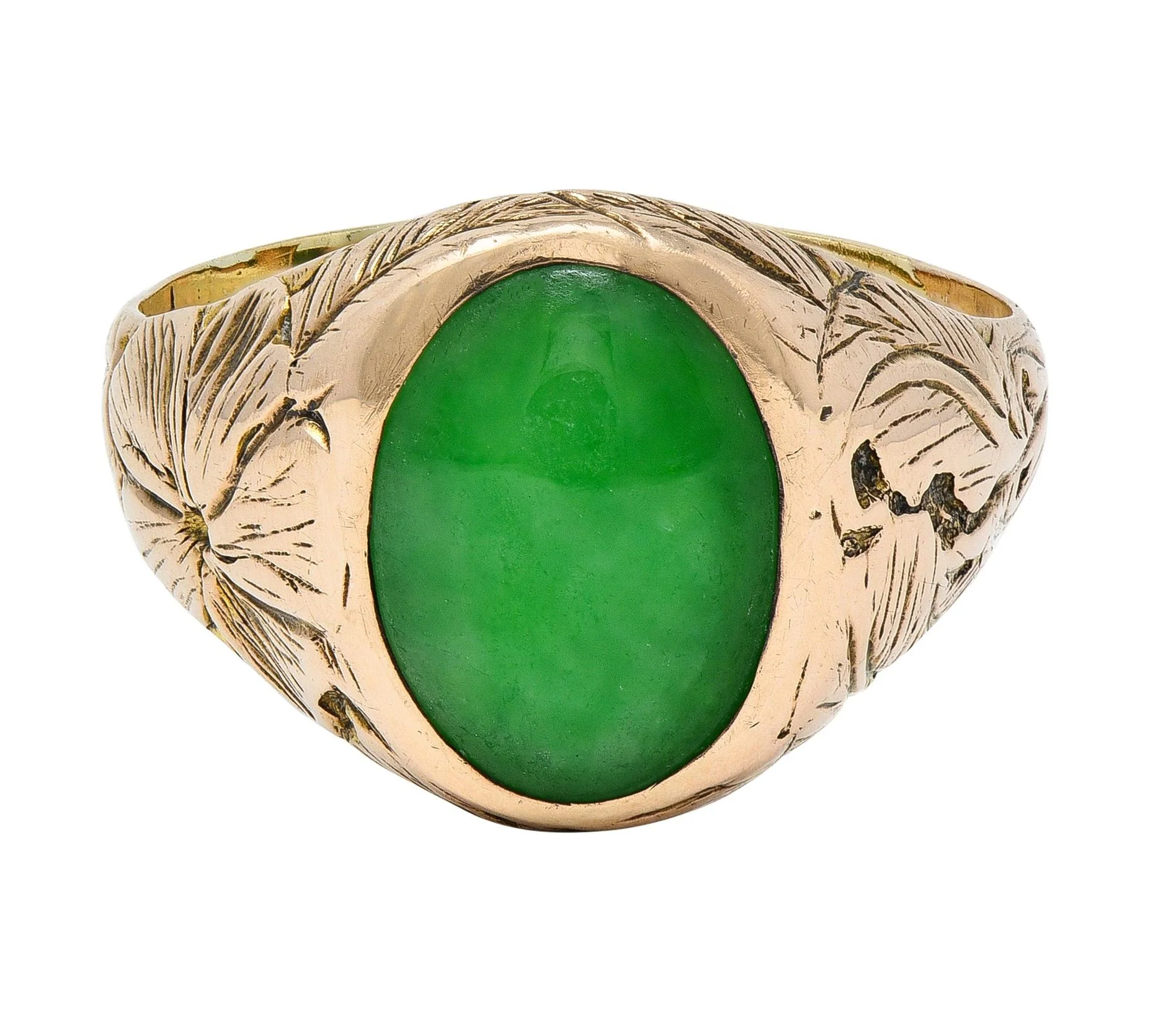 Radke & Co. Art Nouveau Jade 14 Karat Yellow Gold Antique Unisex Floral Signet Ring