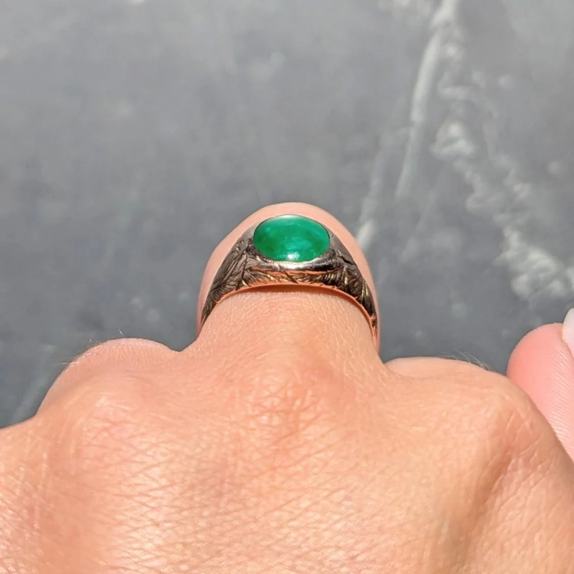 Radke & Co. Art Nouveau Jade 14 Karat Yellow Gold Antique Unisex Floral Signet Ring - Image 10