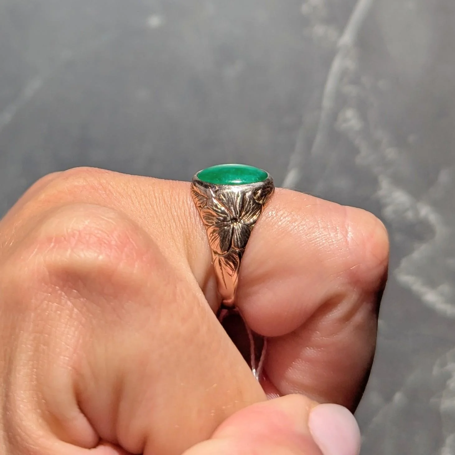 Radke & Co. Art Nouveau Jade 14 Karat Yellow Gold Antique Unisex Floral Signet Ring - Image 11