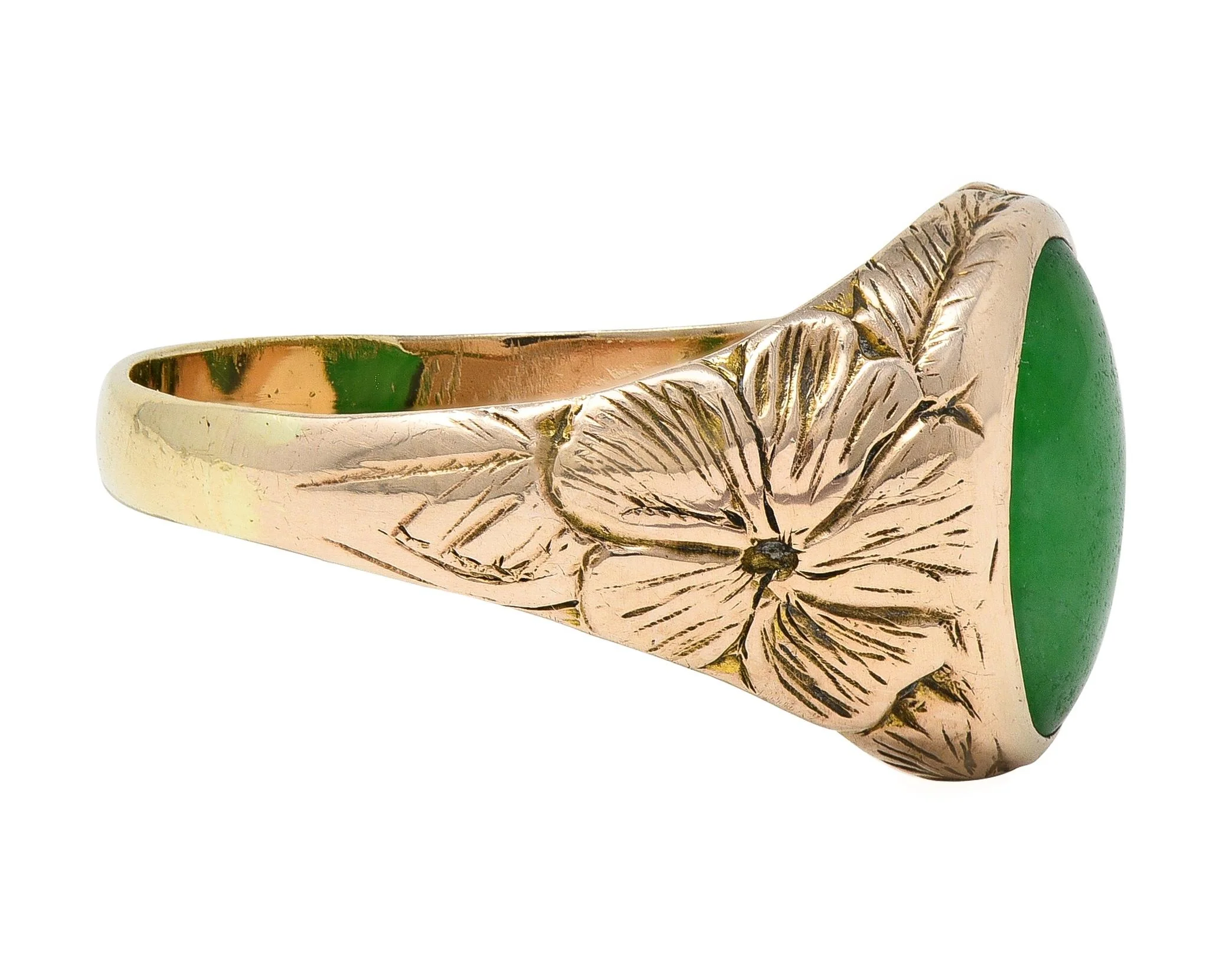 Radke & Co. Art Nouveau Jade 14 Karat Yellow Gold Antique Unisex Floral Signet Ring - Image 2