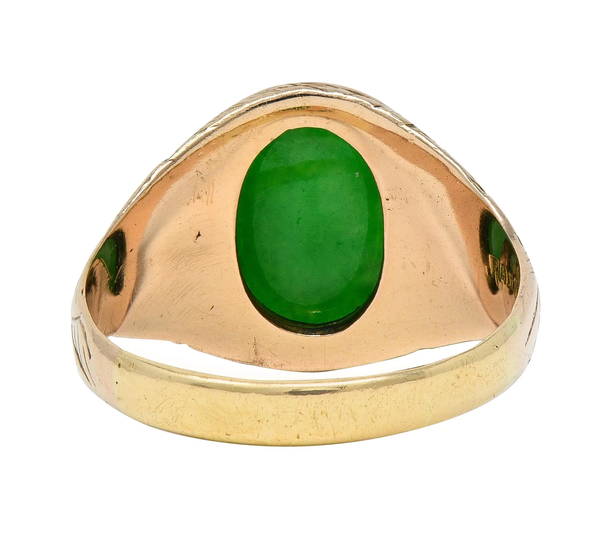 Radke & Co. Art Nouveau Jade 14 Karat Yellow Gold Antique Unisex Floral Signet Ring - Image 3