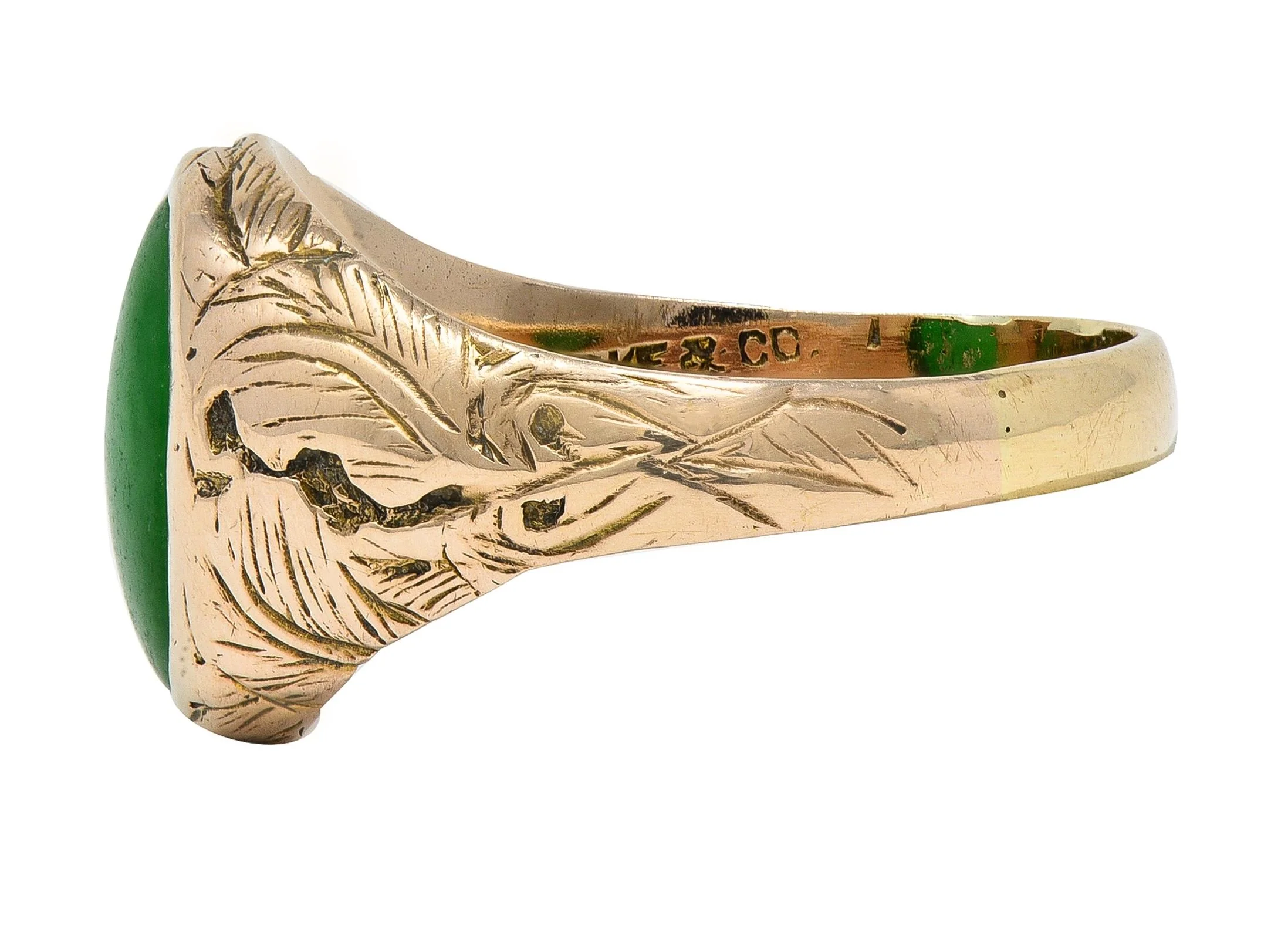 Radke & Co. Art Nouveau Jade 14 Karat Yellow Gold Antique Unisex Floral Signet Ring - Image 4