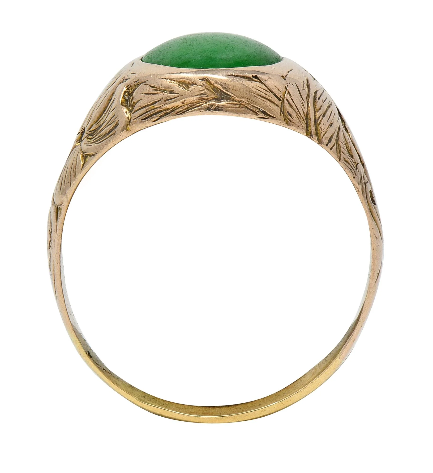 Radke & Co. Art Nouveau Jade 14 Karat Yellow Gold Antique Unisex Floral Signet Ring - Image 6