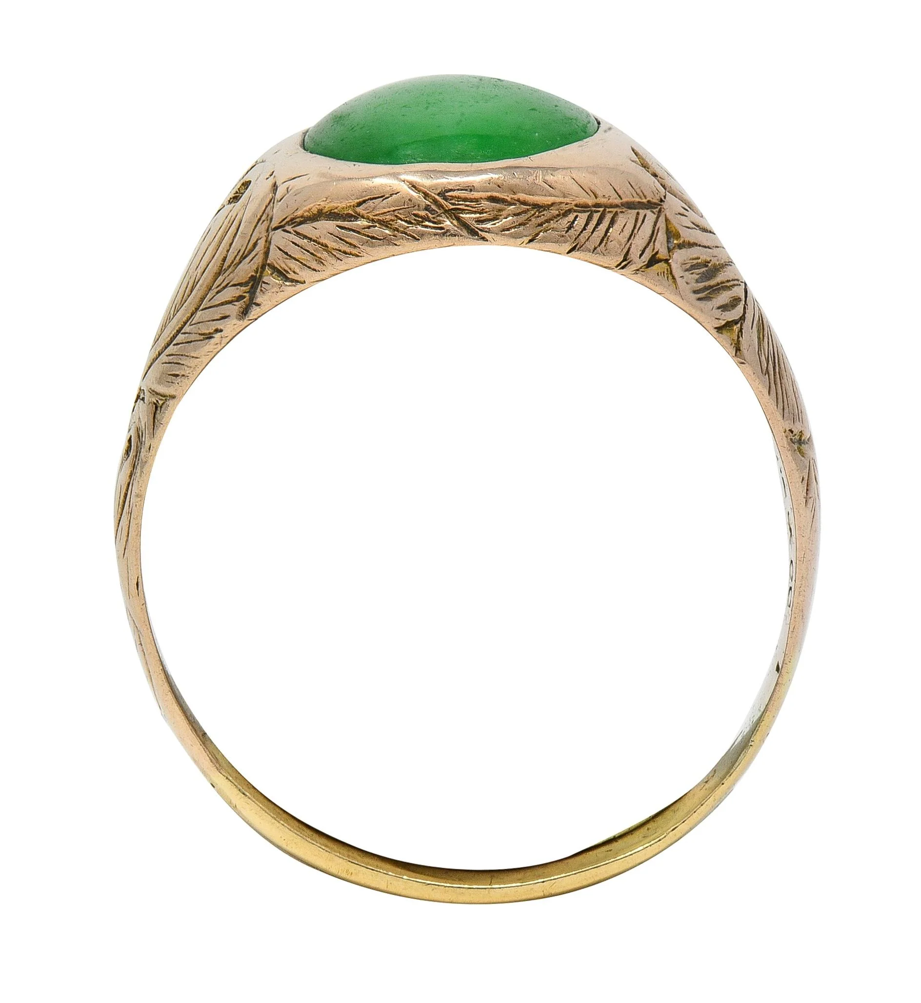 Radke & Co. Art Nouveau Jade 14 Karat Yellow Gold Antique Unisex Floral Signet Ring - Image 7