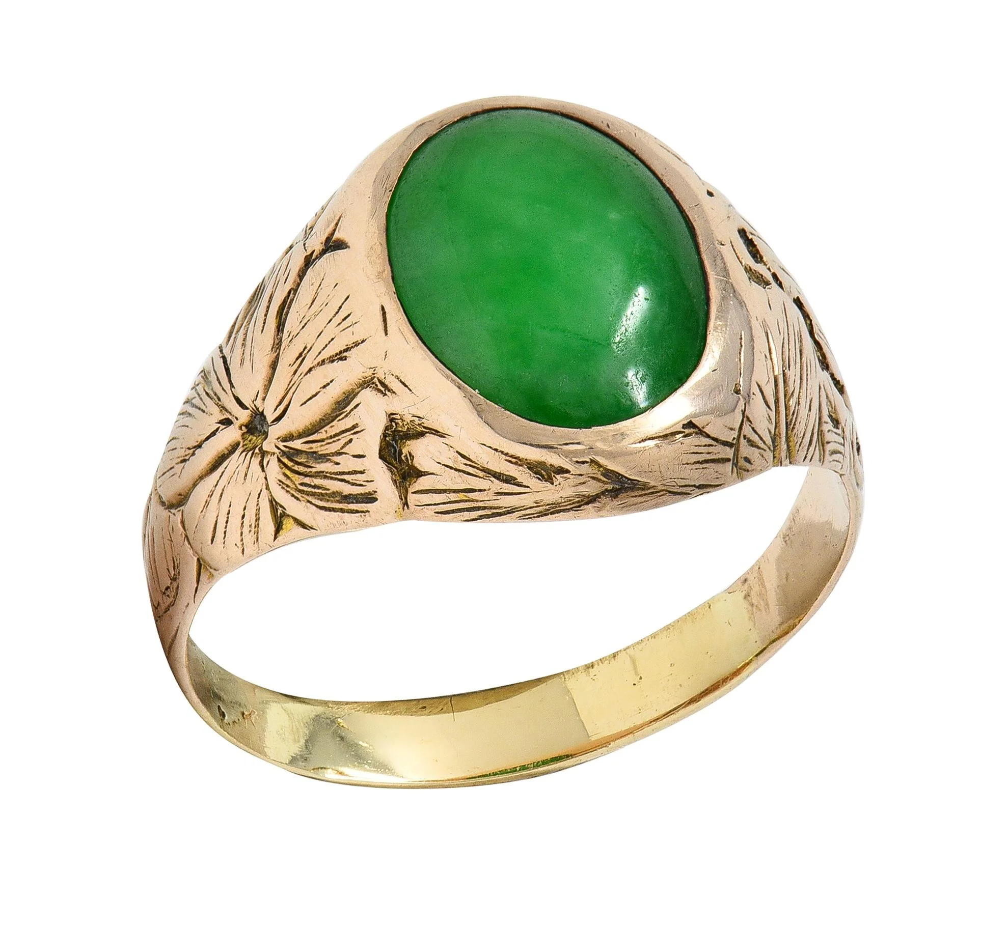 Radke & Co. Art Nouveau Jade 14 Karat Yellow Gold Antique Unisex Floral Signet Ring - Image 8