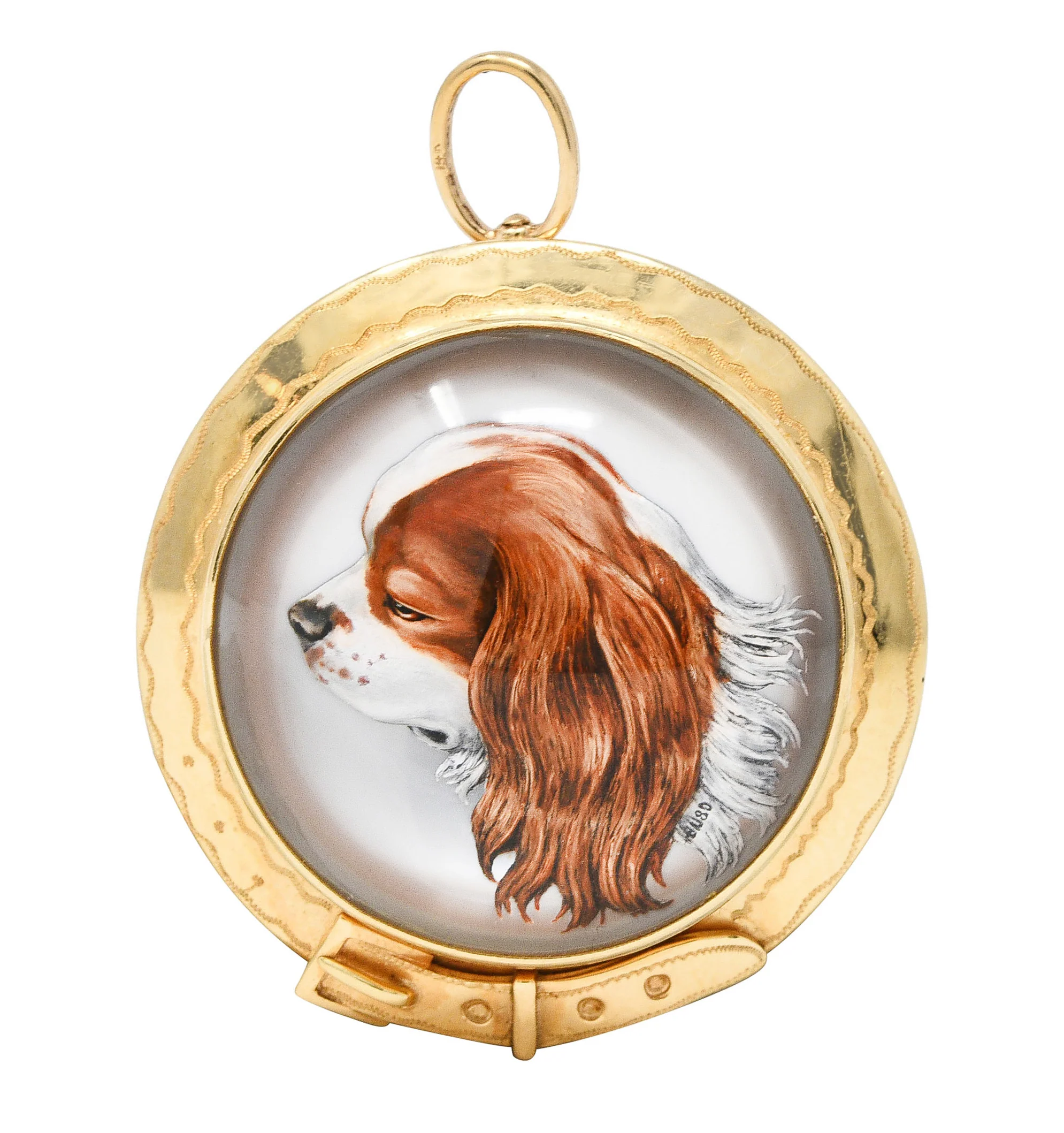 Raymond Yard Late Art Deco Mother-Of-Pearl Painted Essex Crystal 18 Karat Yellow Gold King Charles Spaniel Buckle Antique Pendant Brooch
