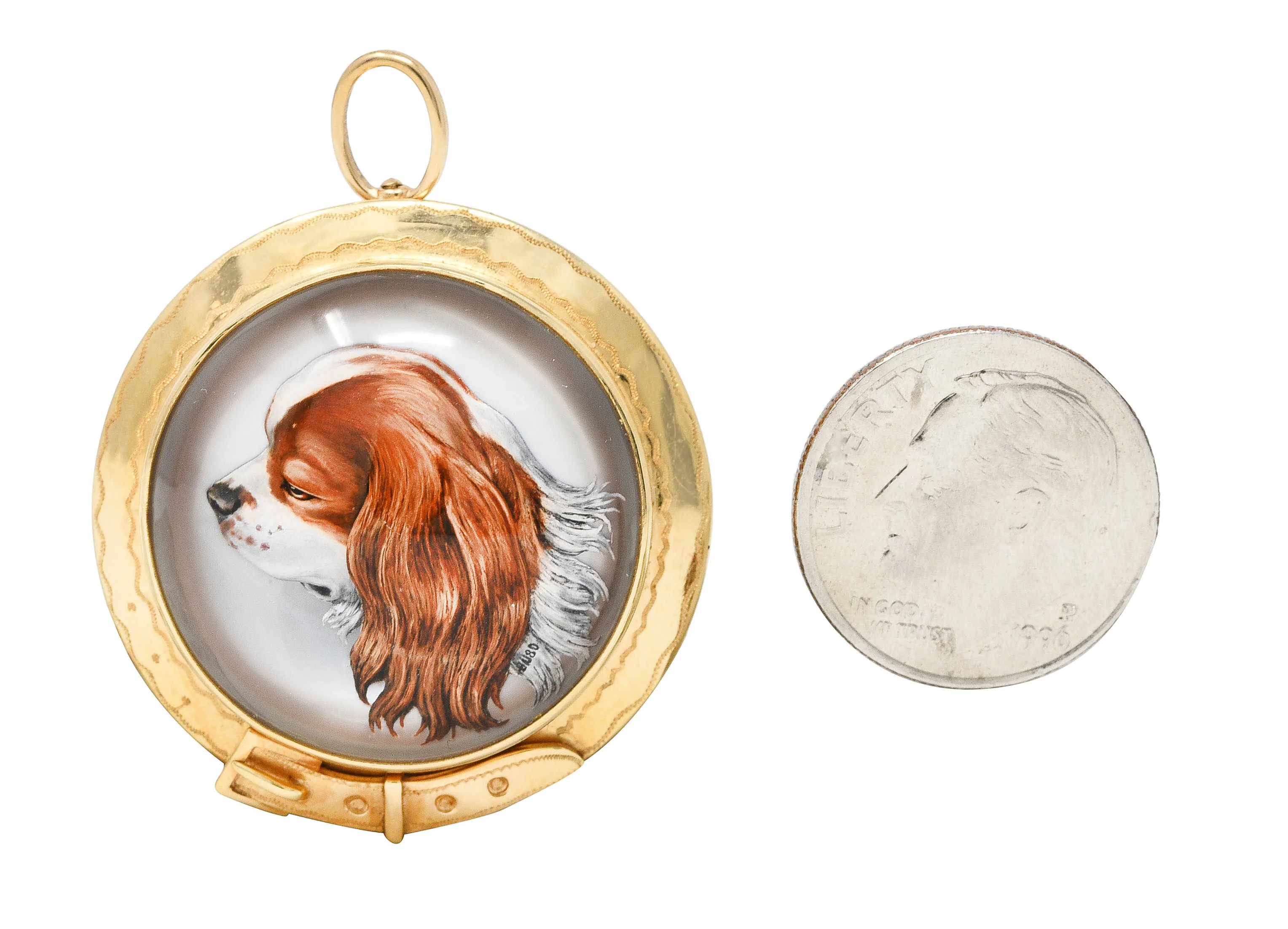 Raymond Yard Late Art Deco Mother-Of-Pearl Painted Essex Crystal 18 Karat Yellow Gold King Charles Spaniel Buckle Antique Pendant Brooch - Image 10