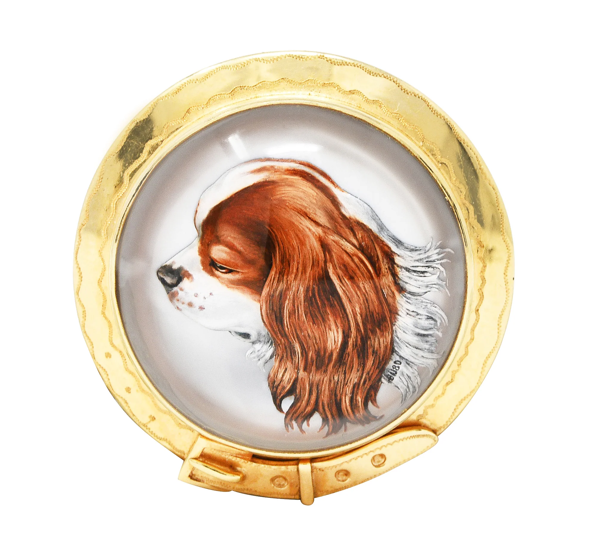 Raymond Yard Late Art Deco Mother-Of-Pearl Painted Essex Crystal 18 Karat Yellow Gold King Charles Spaniel Buckle Antique Pendant Brooch - Image 2