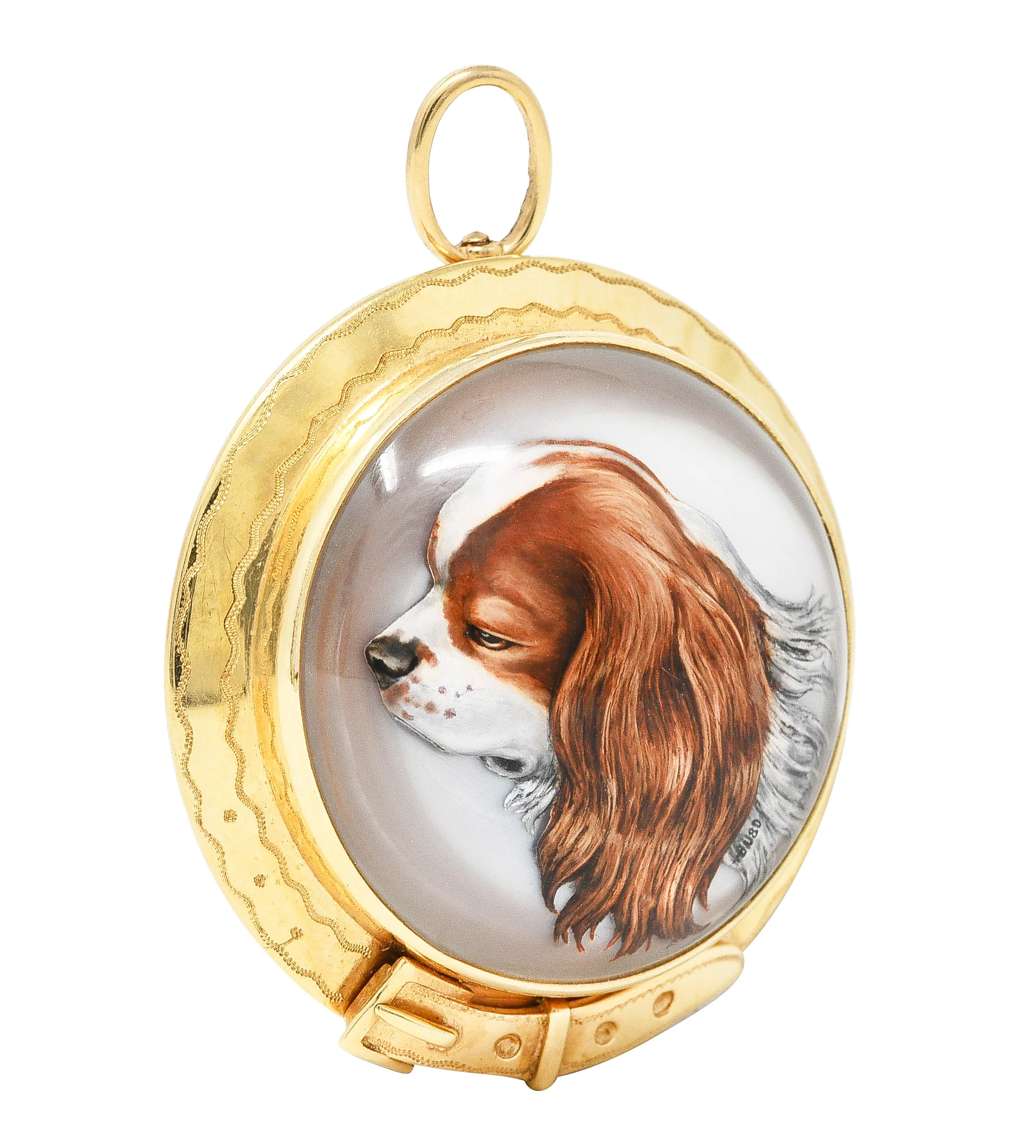 Raymond Yard Late Art Deco Mother-Of-Pearl Painted Essex Crystal 18 Karat Yellow Gold King Charles Spaniel Buckle Antique Pendant Brooch - Image 3