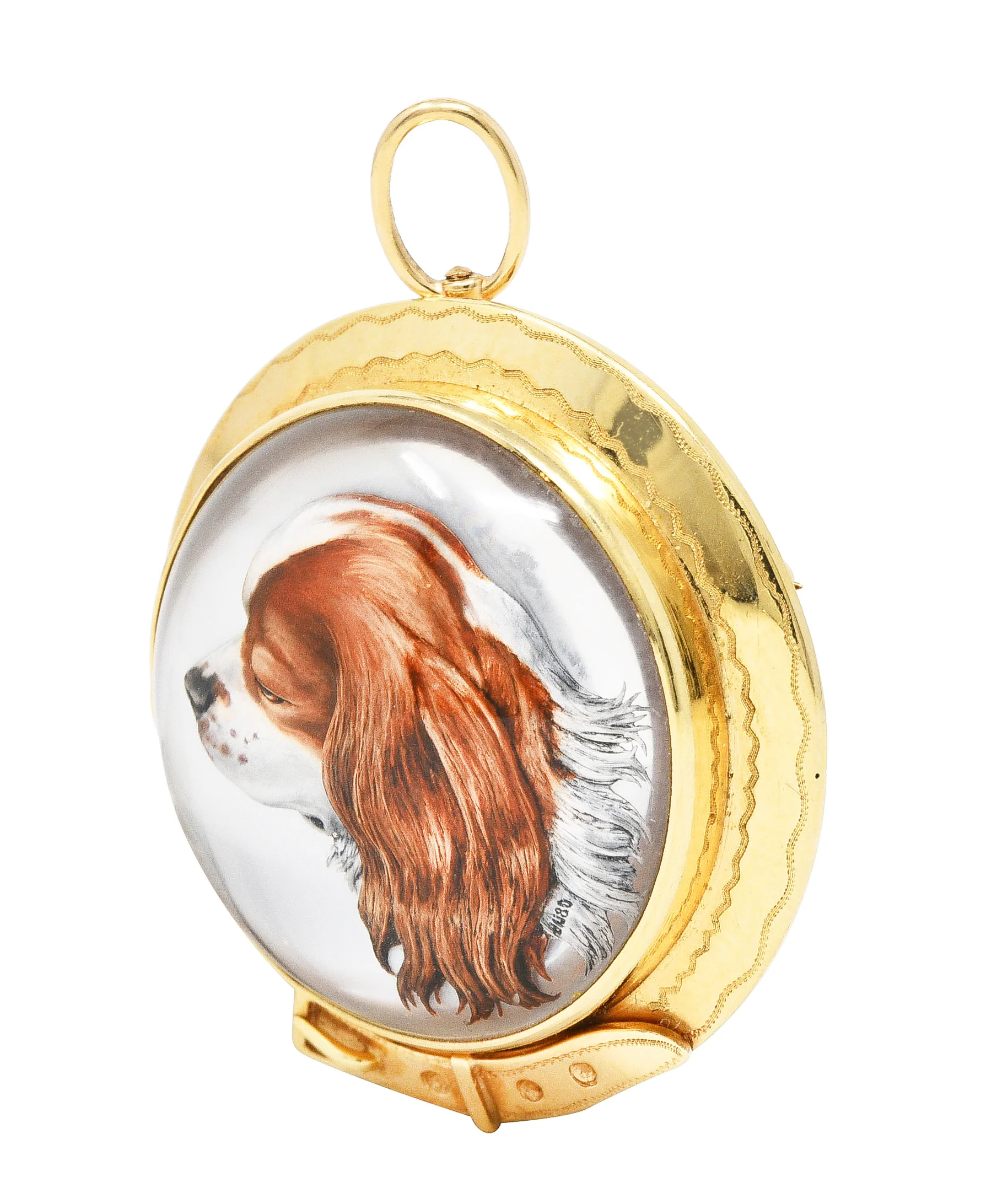 Raymond Yard Late Art Deco Mother-Of-Pearl Painted Essex Crystal 18 Karat Yellow Gold King Charles Spaniel Buckle Antique Pendant Brooch - Image 6