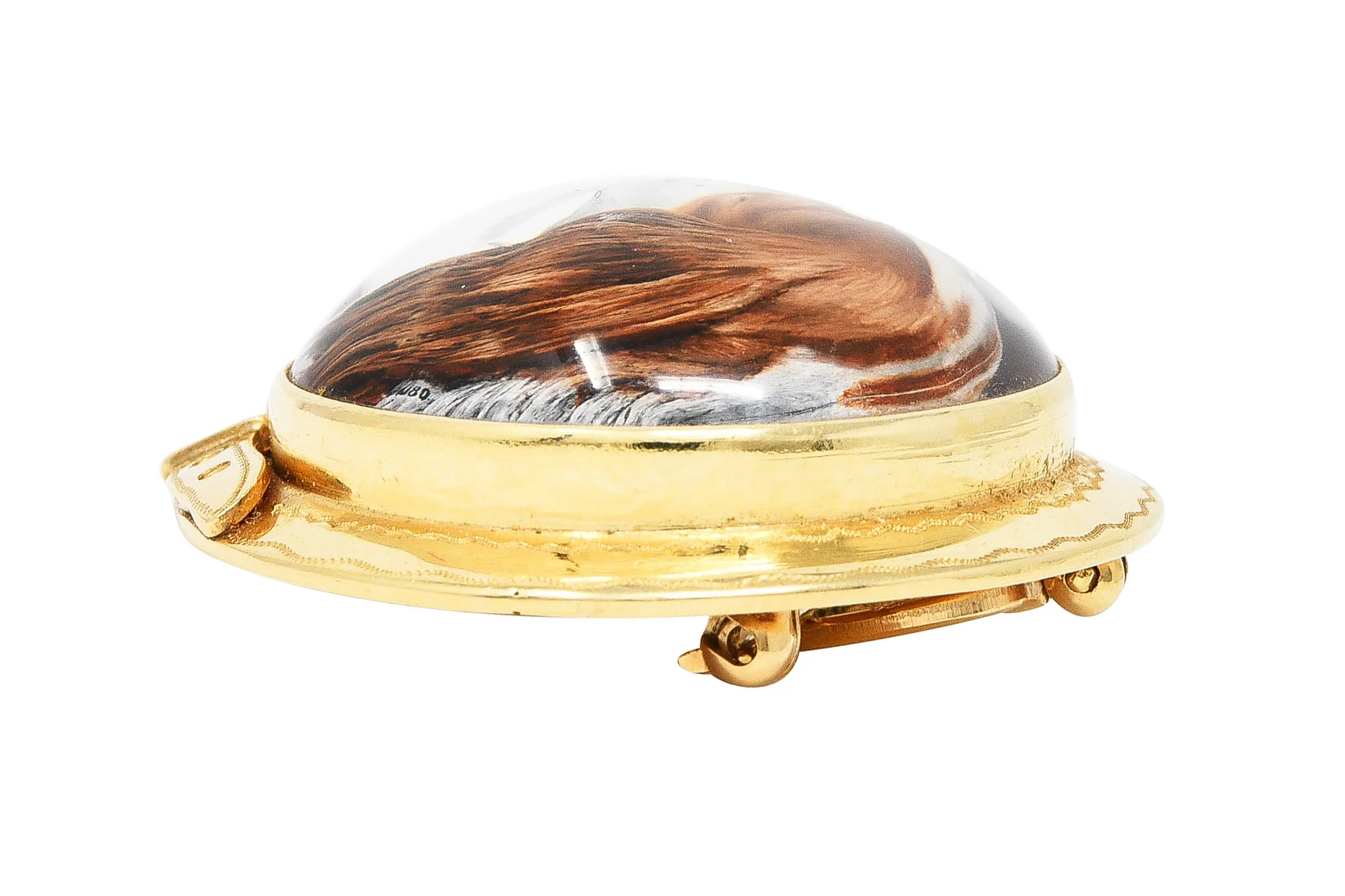 Raymond Yard Late Art Deco Mother-Of-Pearl Painted Essex Crystal 18 Karat Yellow Gold King Charles Spaniel Buckle Antique Pendant Brooch - Image 8