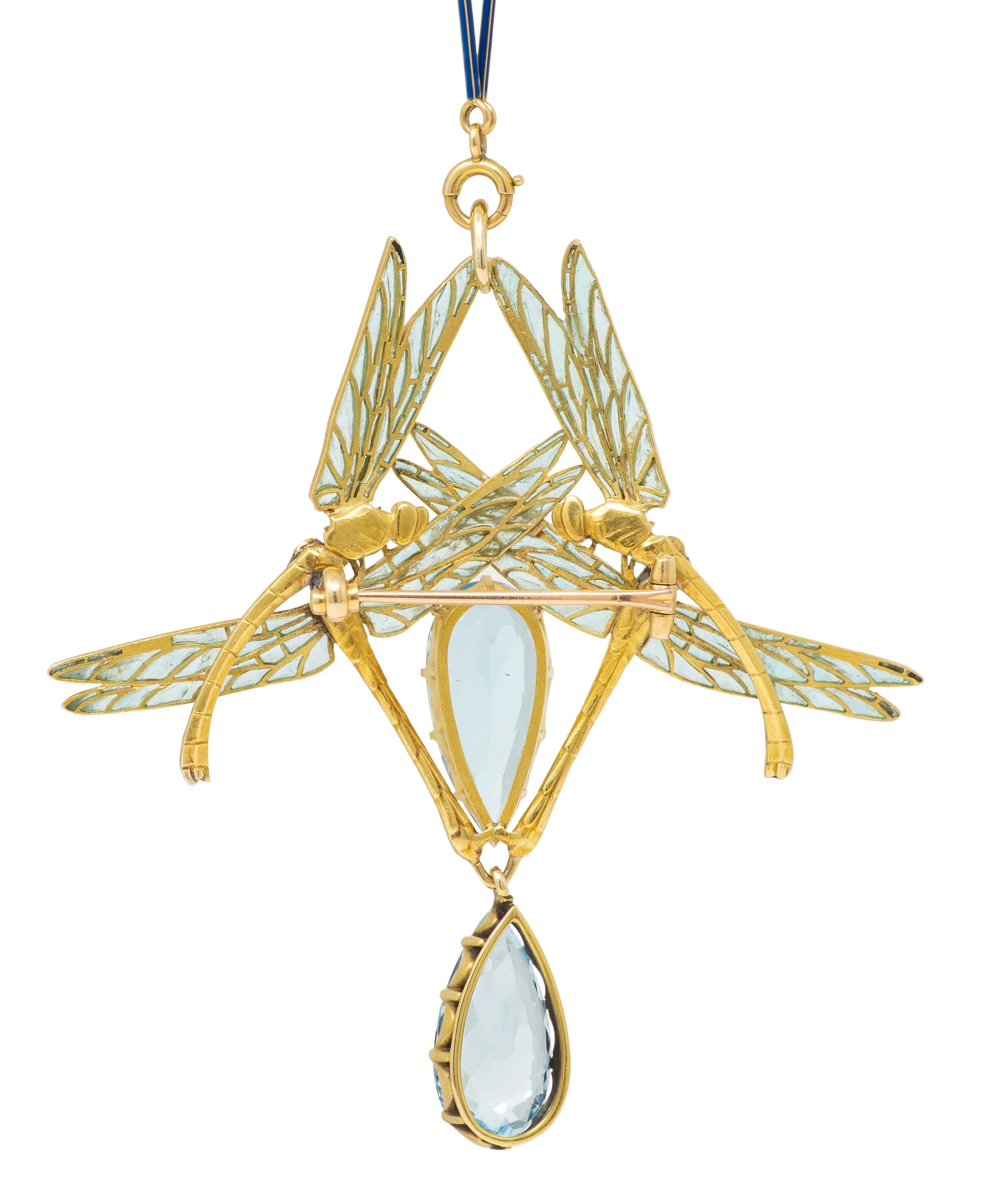 Rene Lalique Art Nouveau 1903 Aquamarine Enamel 18 Karat Yellow Gold Four Dragonflies Antique Brooch Pendant Necklace - Image 10