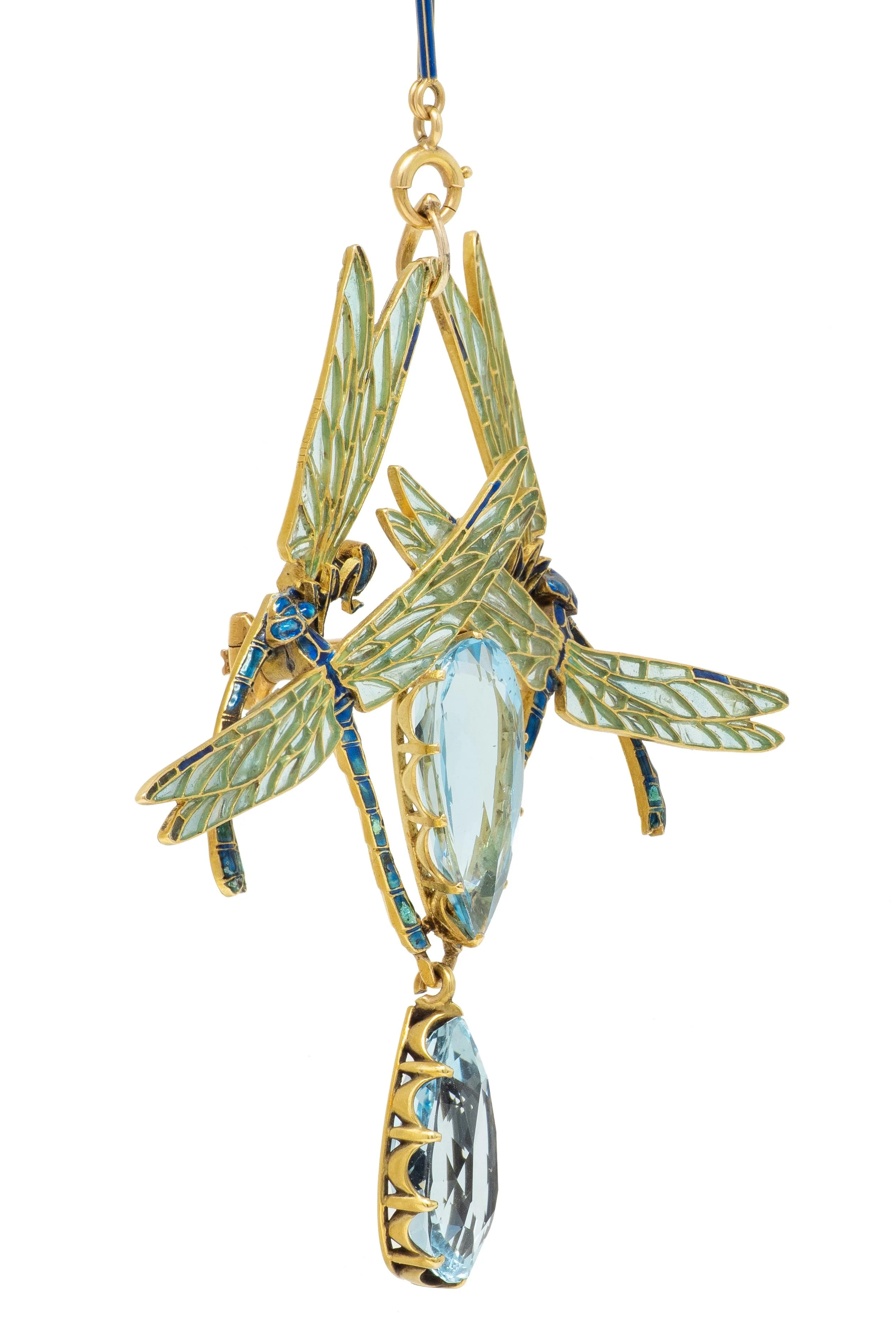 Rene Lalique Art Nouveau 1903 Aquamarine Enamel 18 Karat Yellow Gold Four Dragonflies Antique Brooch Pendant Necklace - Image 11