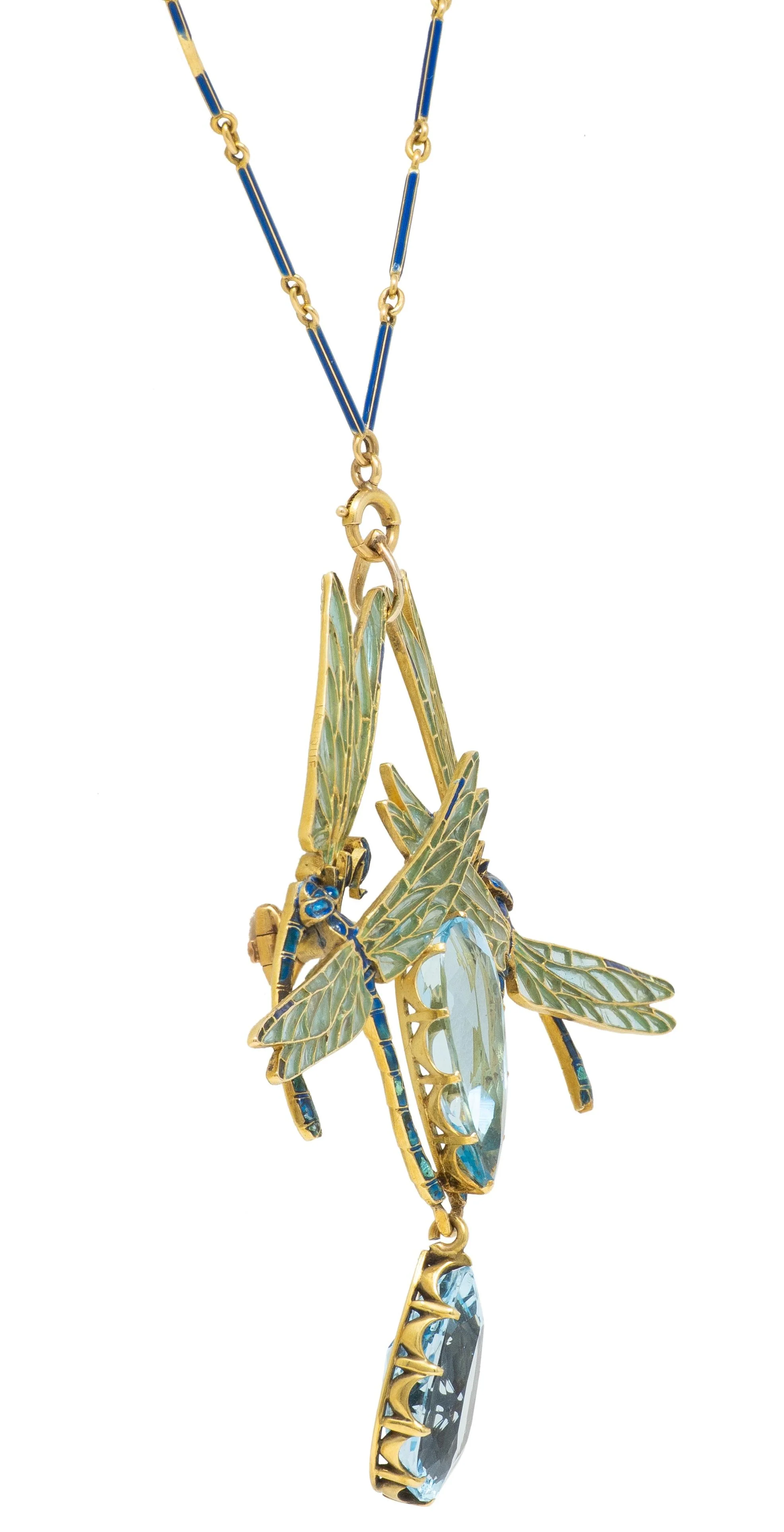 Rene Lalique Art Nouveau 1903 Aquamarine Enamel 18 Karat Yellow Gold Four Dragonflies Antique Brooch Pendant Necklace - Image 12