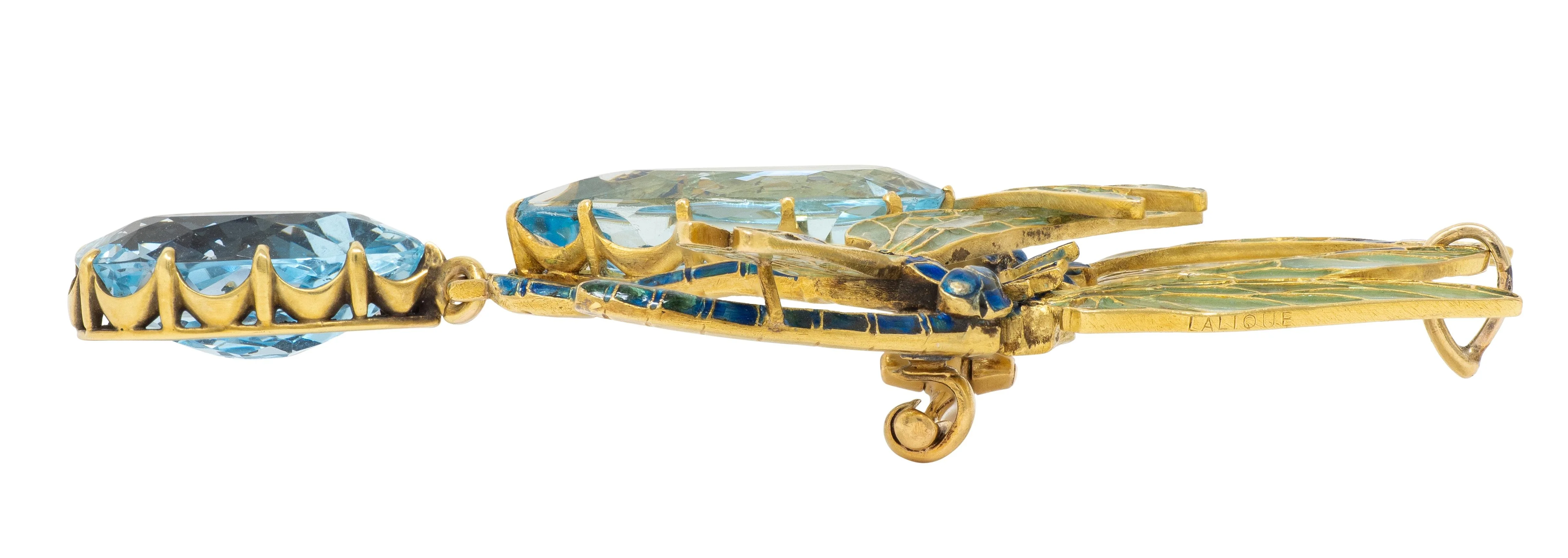 Rene Lalique Art Nouveau 1903 Aquamarine Enamel 18 Karat Yellow Gold Four Dragonflies Antique Brooch Pendant Necklace - Image 13