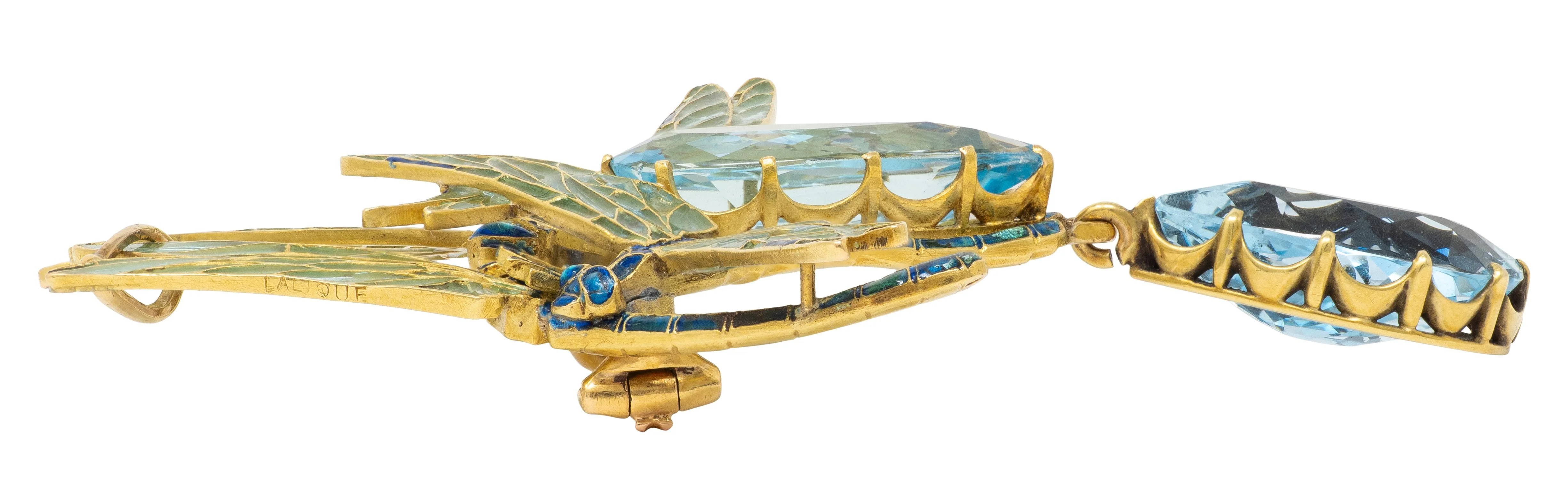 Rene Lalique Art Nouveau 1903 Aquamarine Enamel 18 Karat Yellow Gold Four Dragonflies Antique Brooch Pendant Necklace - Image 14