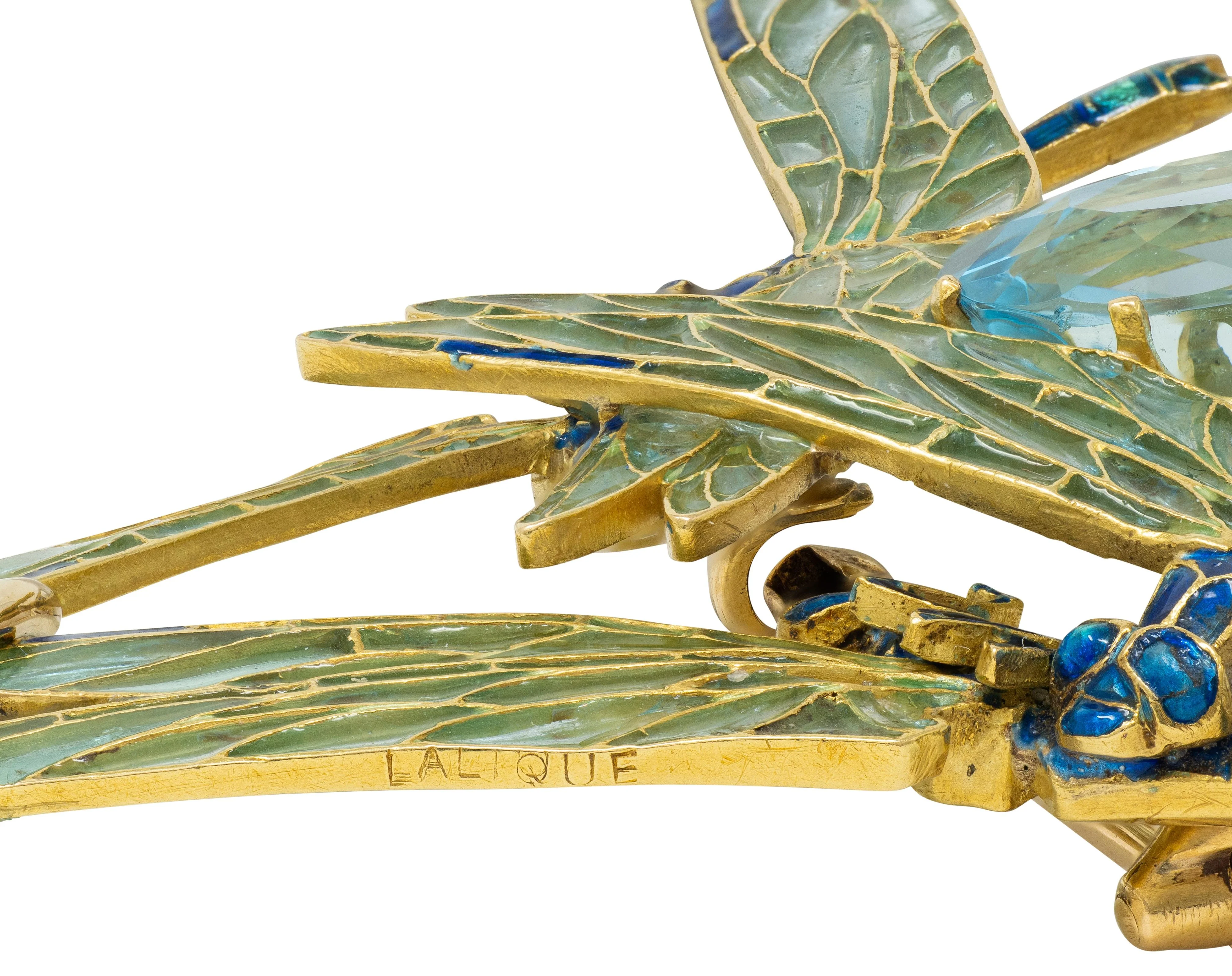 Rene Lalique Art Nouveau 1903 Aquamarine Enamel 18 Karat Yellow Gold Four Dragonflies Antique Brooch Pendant Necklace - Image 15