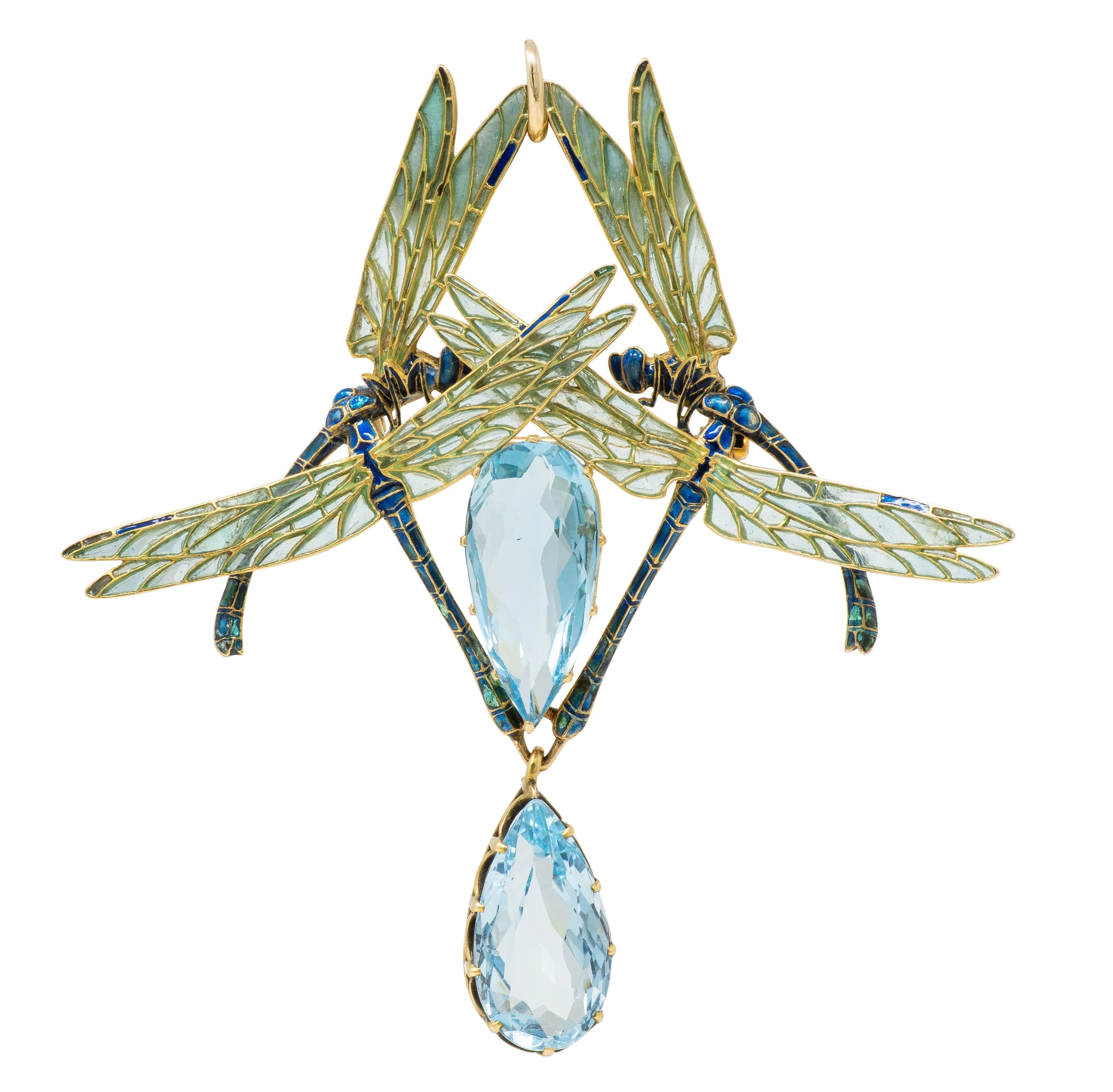 Rene Lalique Art Nouveau 1903 Aquamarine Enamel 18 Karat Yellow Gold Four Dragonflies Antique Brooch Pendant Necklace - Image 17