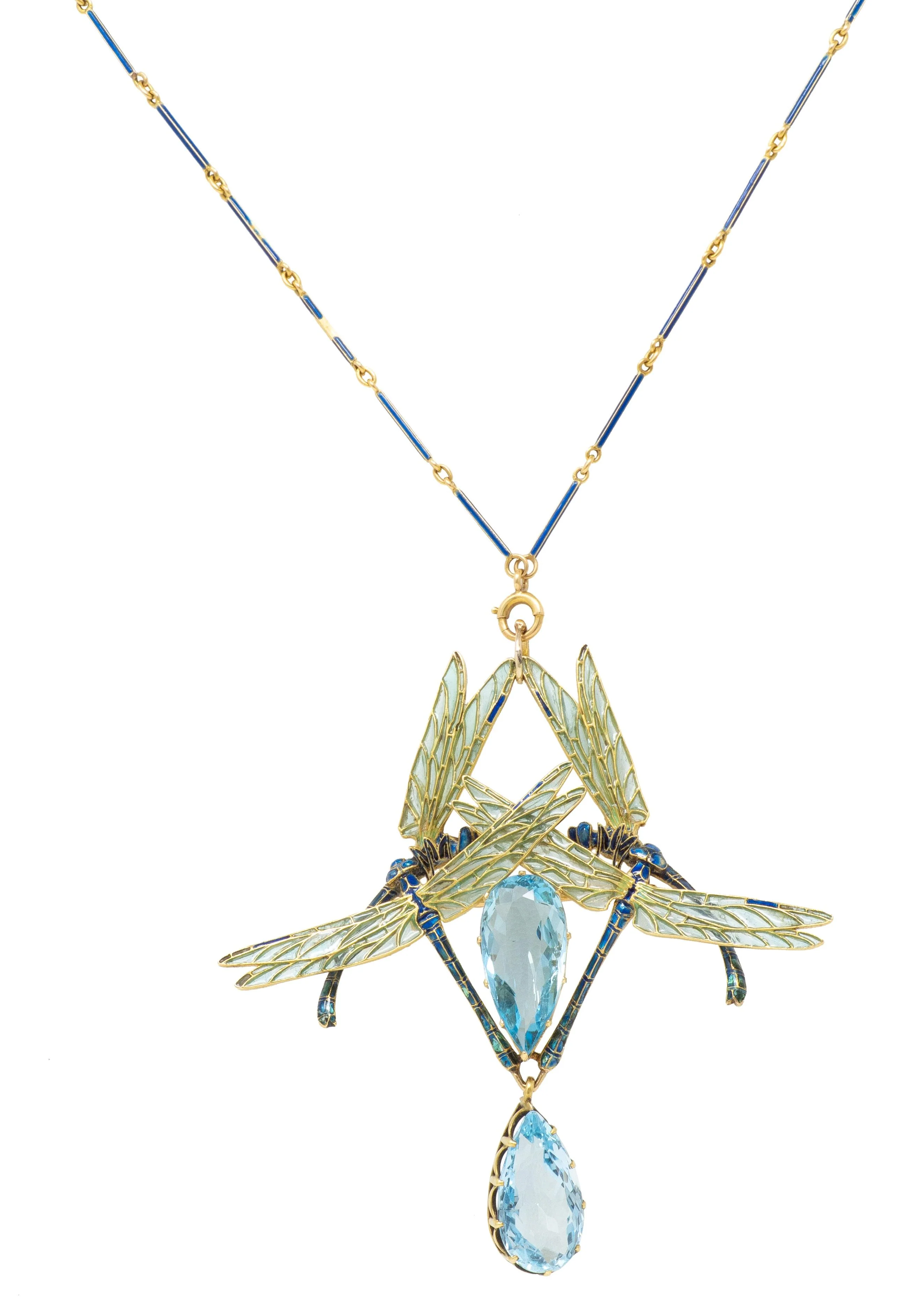 Rene Lalique Art Nouveau 1903 Aquamarine Enamel 18 Karat Yellow Gold Four Dragonflies Antique Brooch Pendant Necklace - Image 18