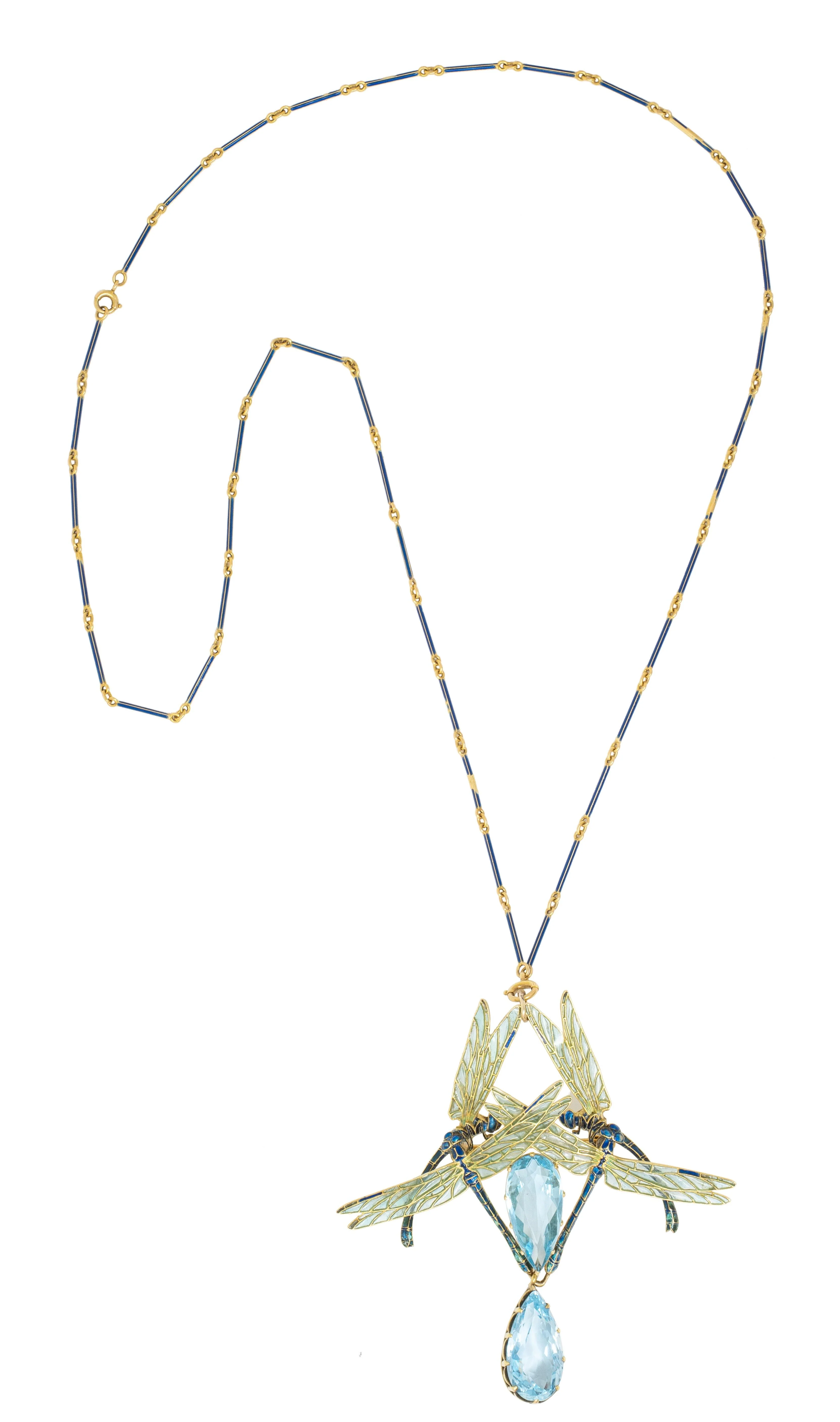 Rene Lalique Art Nouveau 1903 Aquamarine Enamel 18 Karat Yellow Gold Four Dragonflies Antique Brooch Pendant Necklace - Image 3