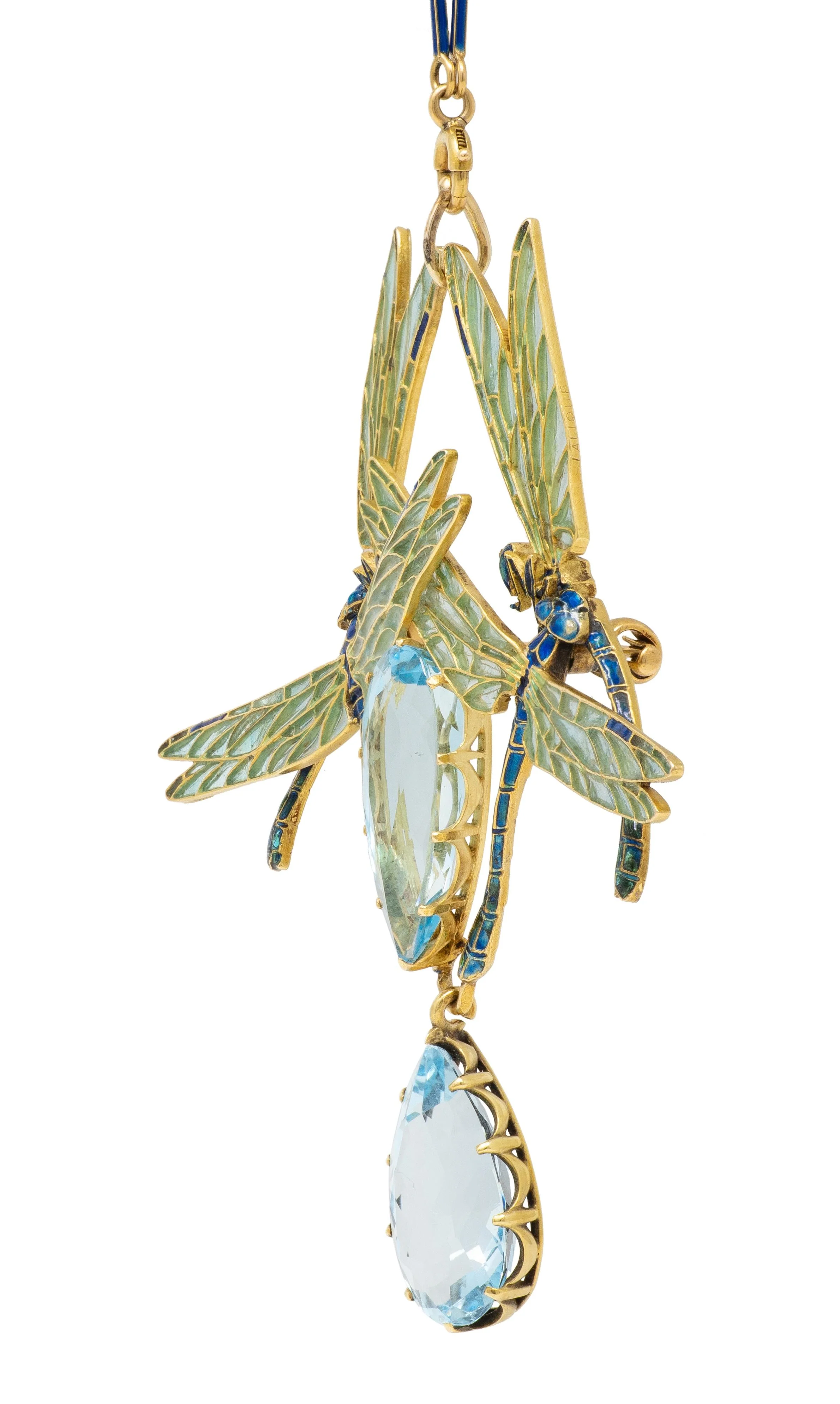 Rene Lalique Art Nouveau 1903 Aquamarine Enamel 18 Karat Yellow Gold Four Dragonflies Antique Brooch Pendant Necklace - Image 6