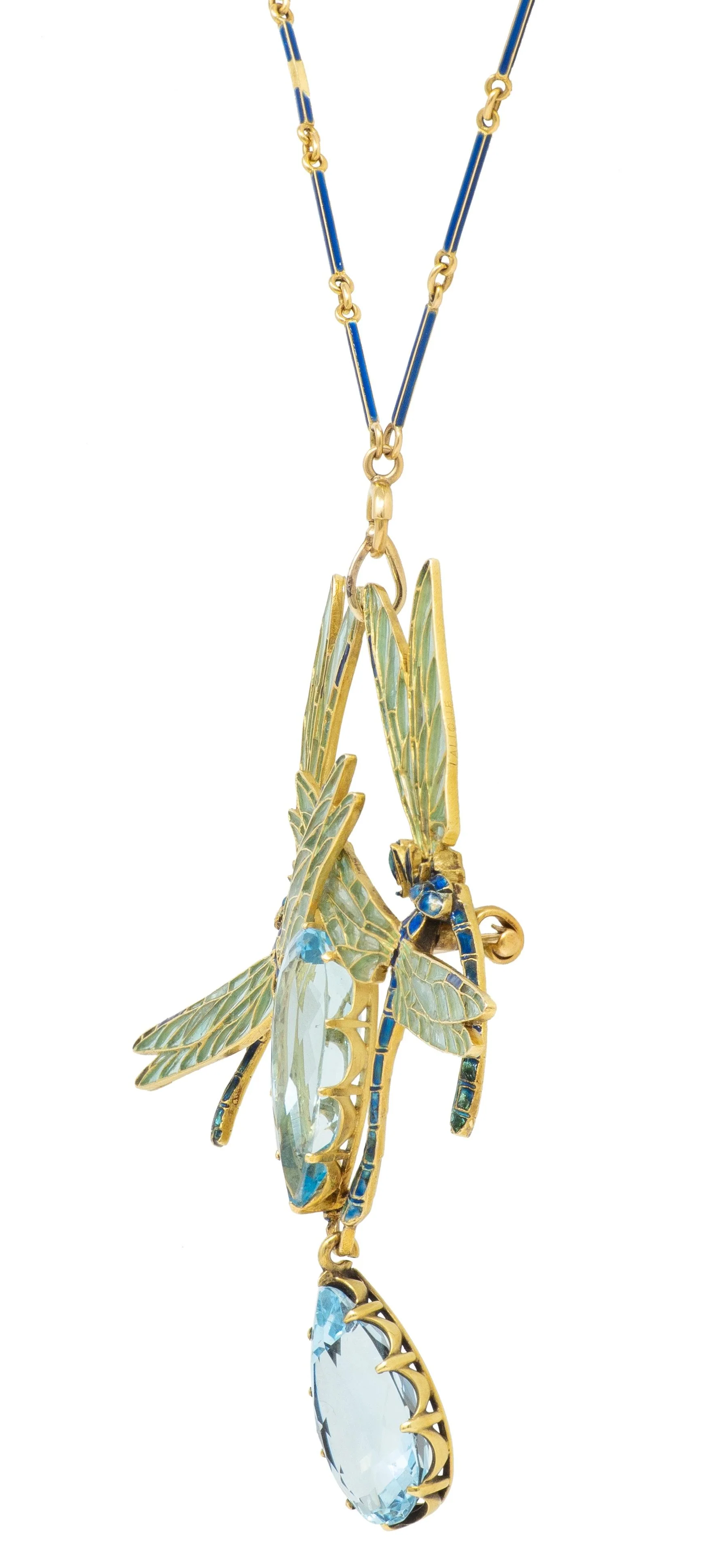 Rene Lalique Art Nouveau 1903 Aquamarine Enamel 18 Karat Yellow Gold Four Dragonflies Antique Brooch Pendant Necklace - Image 7