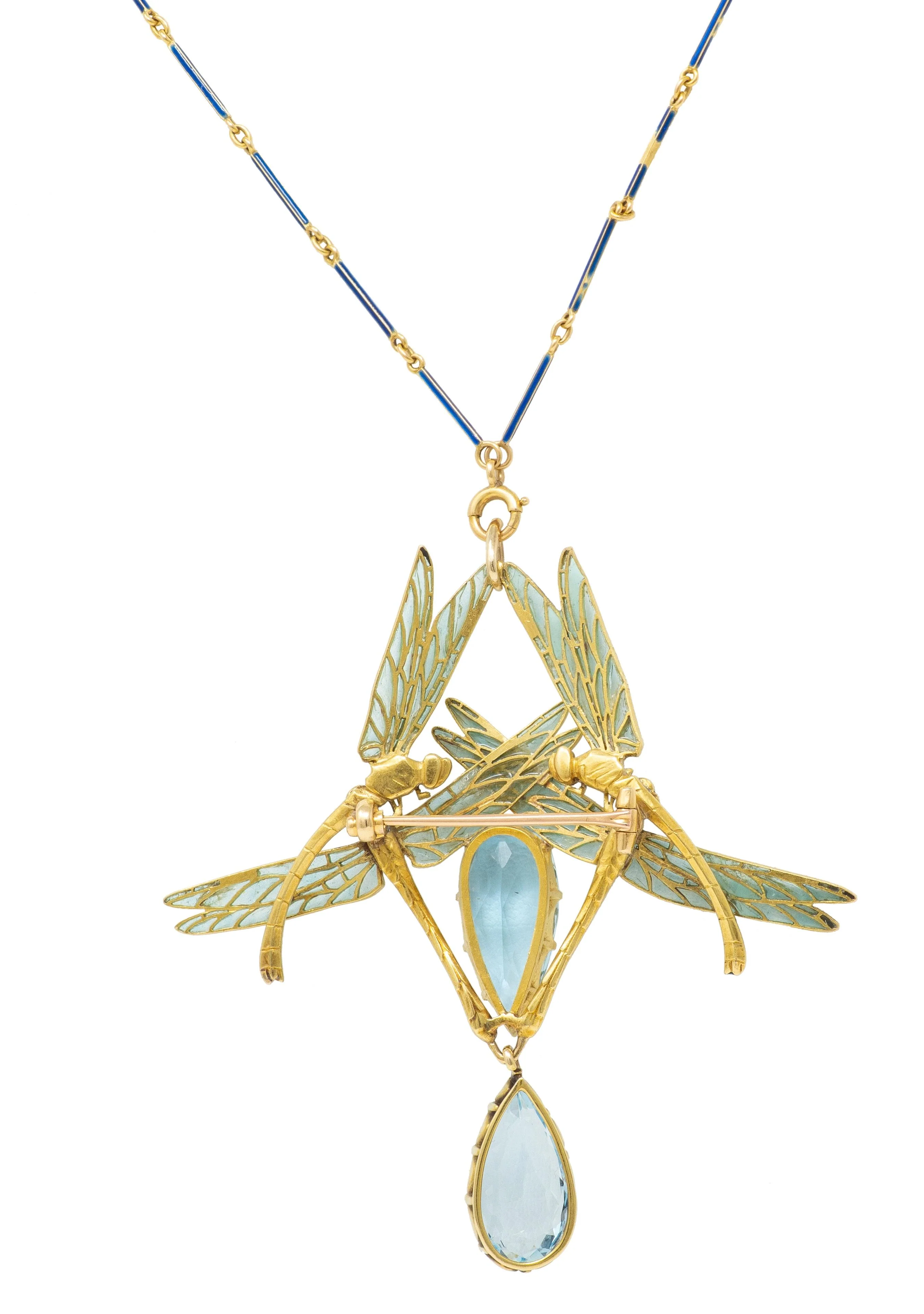 Rene Lalique Art Nouveau 1903 Aquamarine Enamel 18 Karat Yellow Gold Four Dragonflies Antique Brooch Pendant Necklace - Image 8