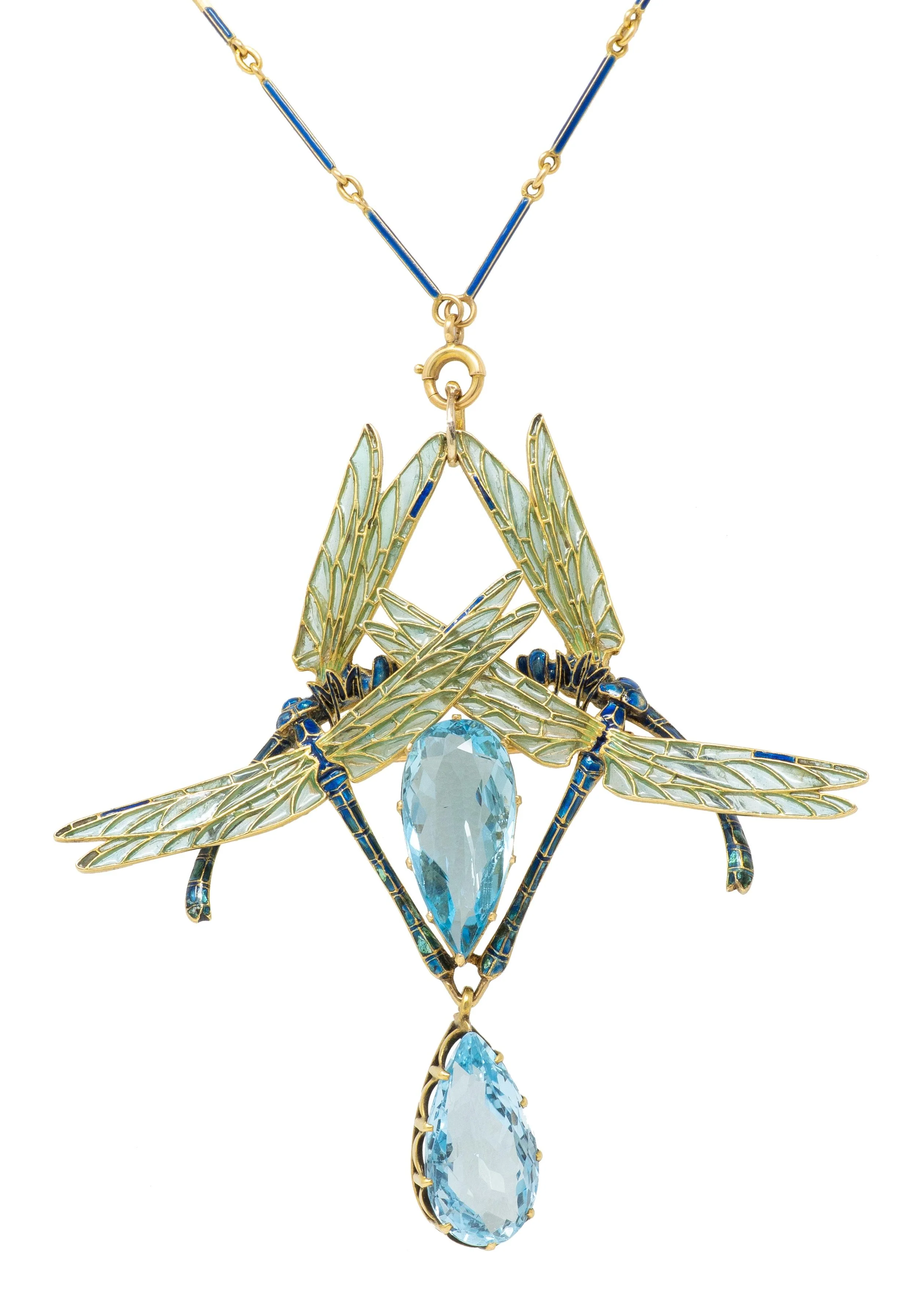 Rene Lalique Art Nouveau 1903 Aquamarine Enamel 18 Karat Yellow Gold Four Dragonflies Antique Brooch Pendant Necklace - Image 9