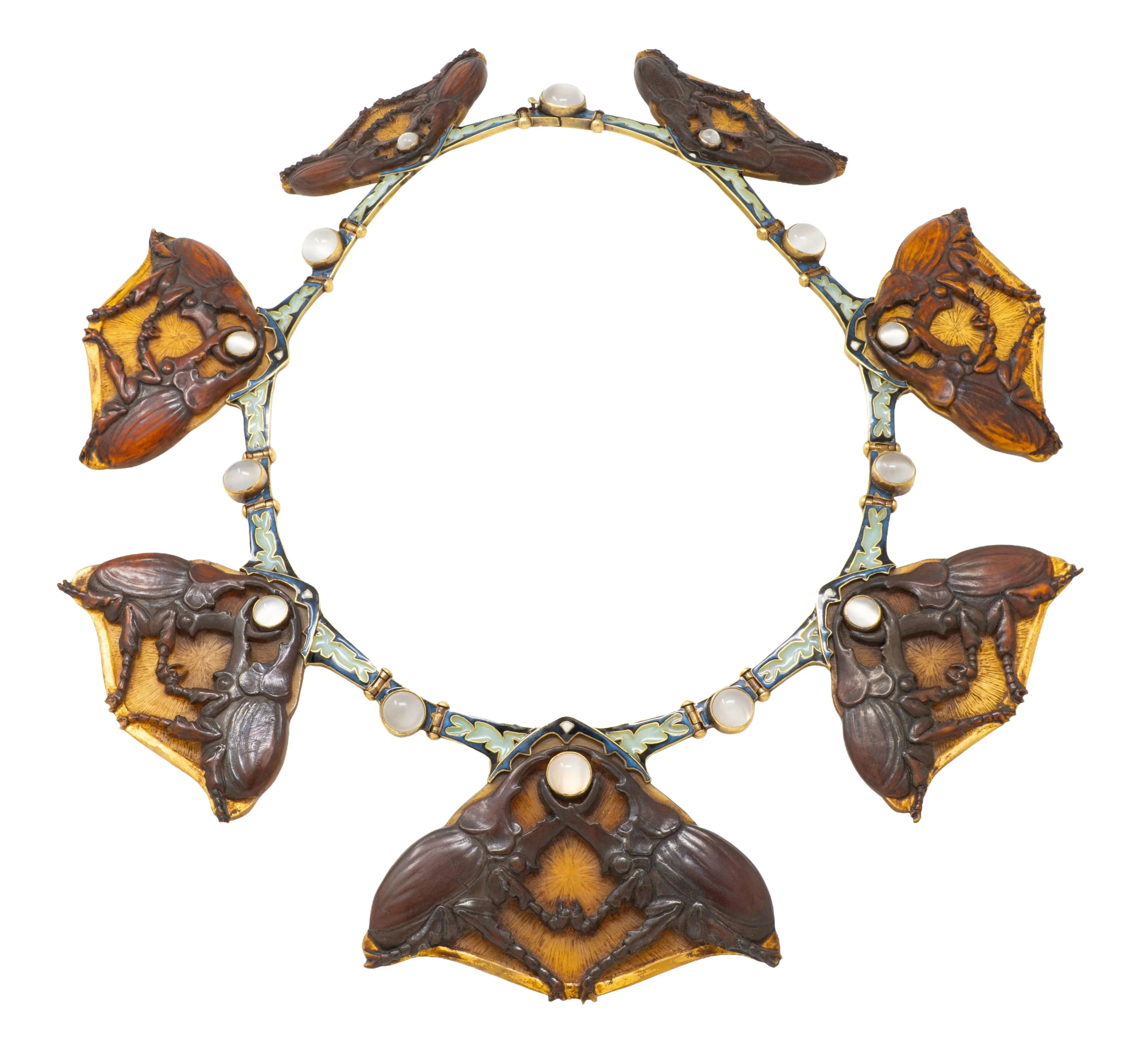 René Lalique Art Nouveau Moonstone Horn Enamel 18 Karat Yellow Gold Antique Stag Beetle Necklace - Image 10
