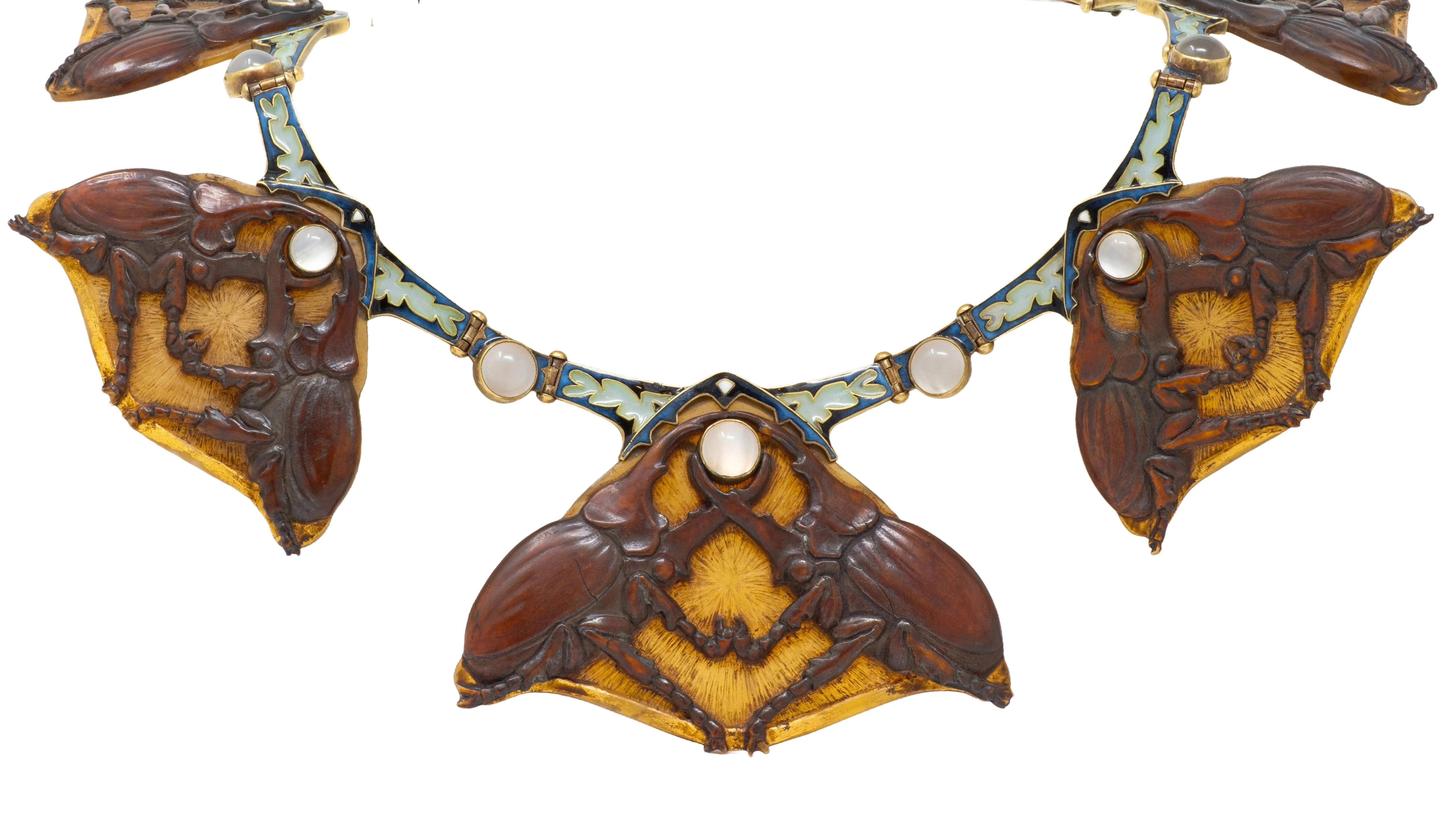 René Lalique Art Nouveau Moonstone Horn Enamel 18 Karat Yellow Gold Antique Stag Beetle Necklace - Image 13