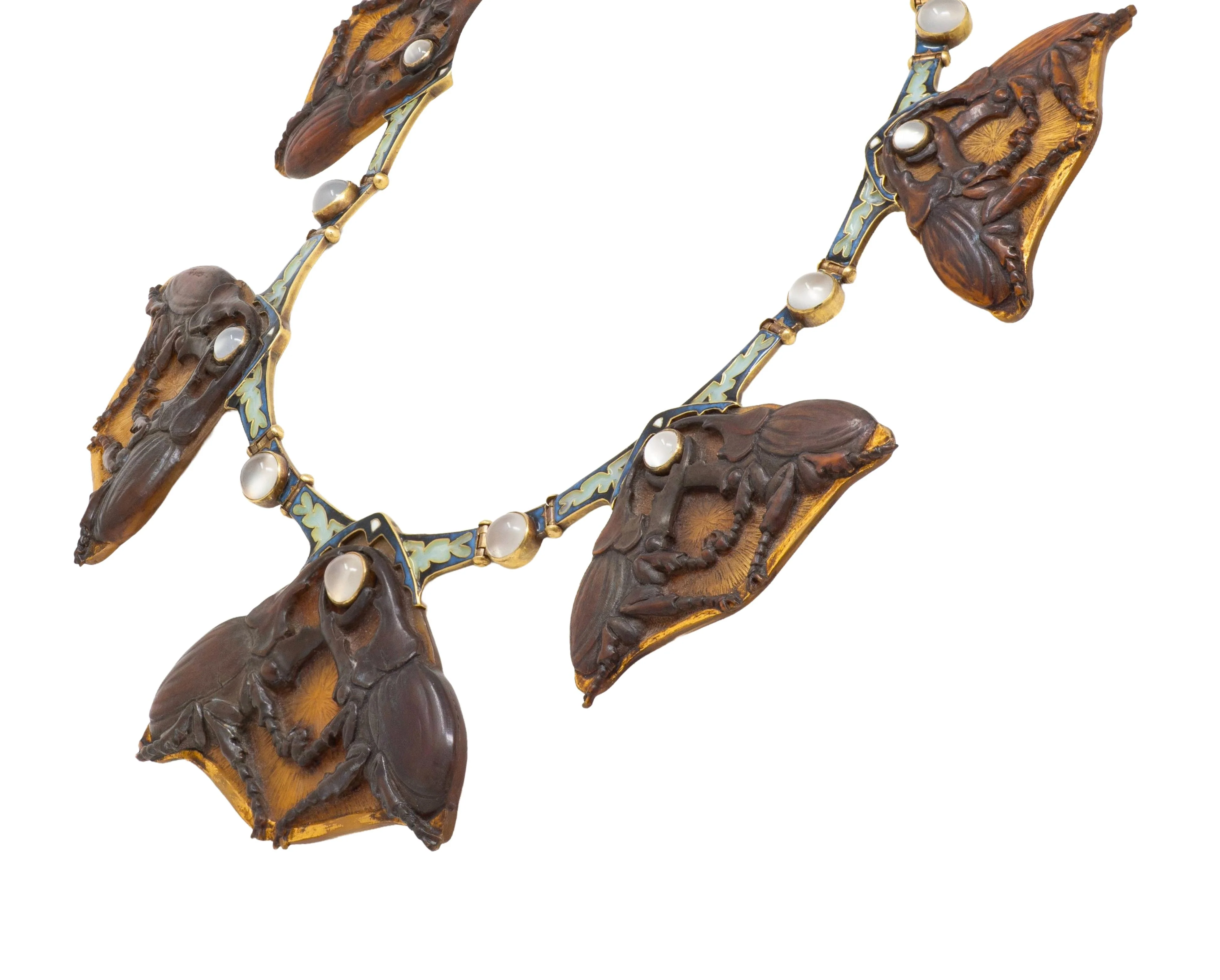 René Lalique Art Nouveau Moonstone Horn Enamel 18 Karat Yellow Gold Antique Stag Beetle Necklace - Image 3