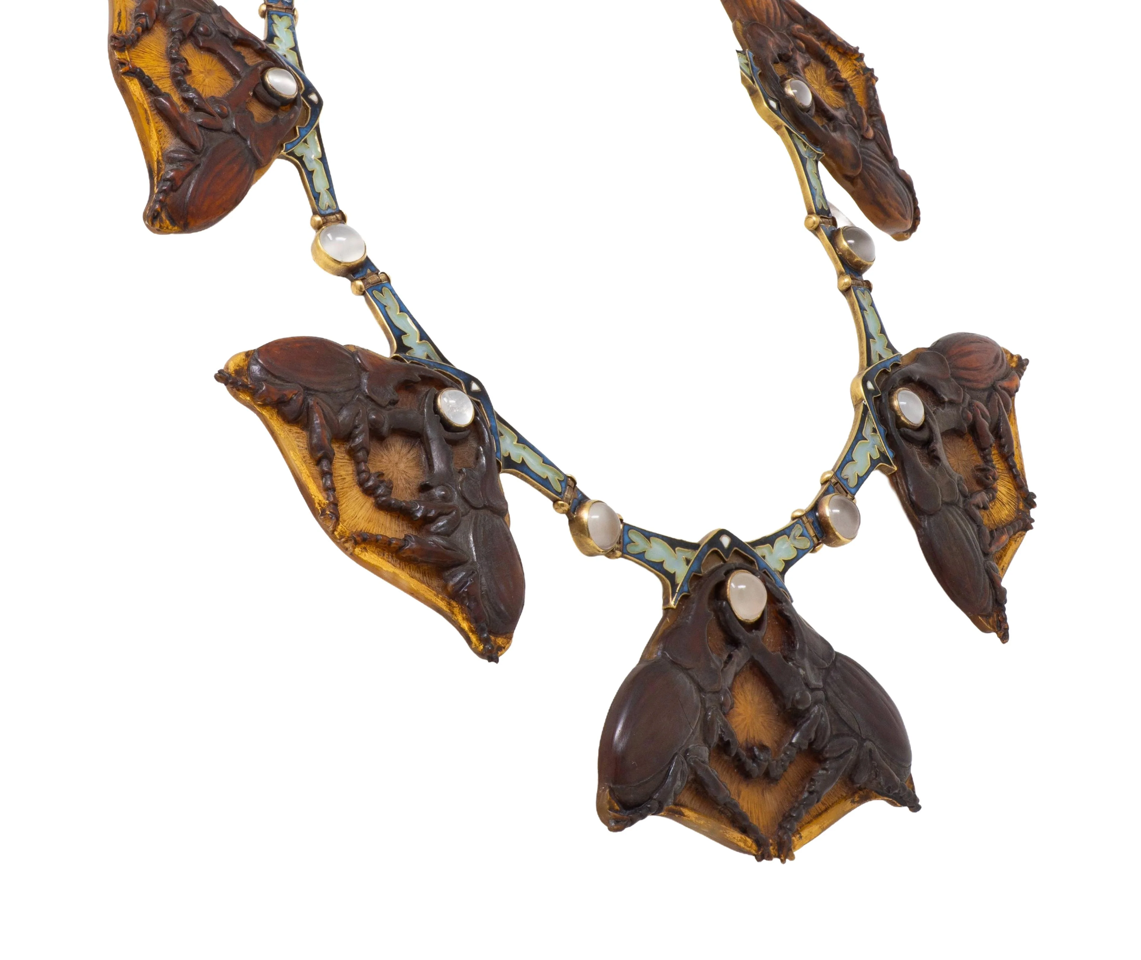 René Lalique Art Nouveau Moonstone Horn Enamel 18 Karat Yellow Gold Antique Stag Beetle Necklace - Image 5