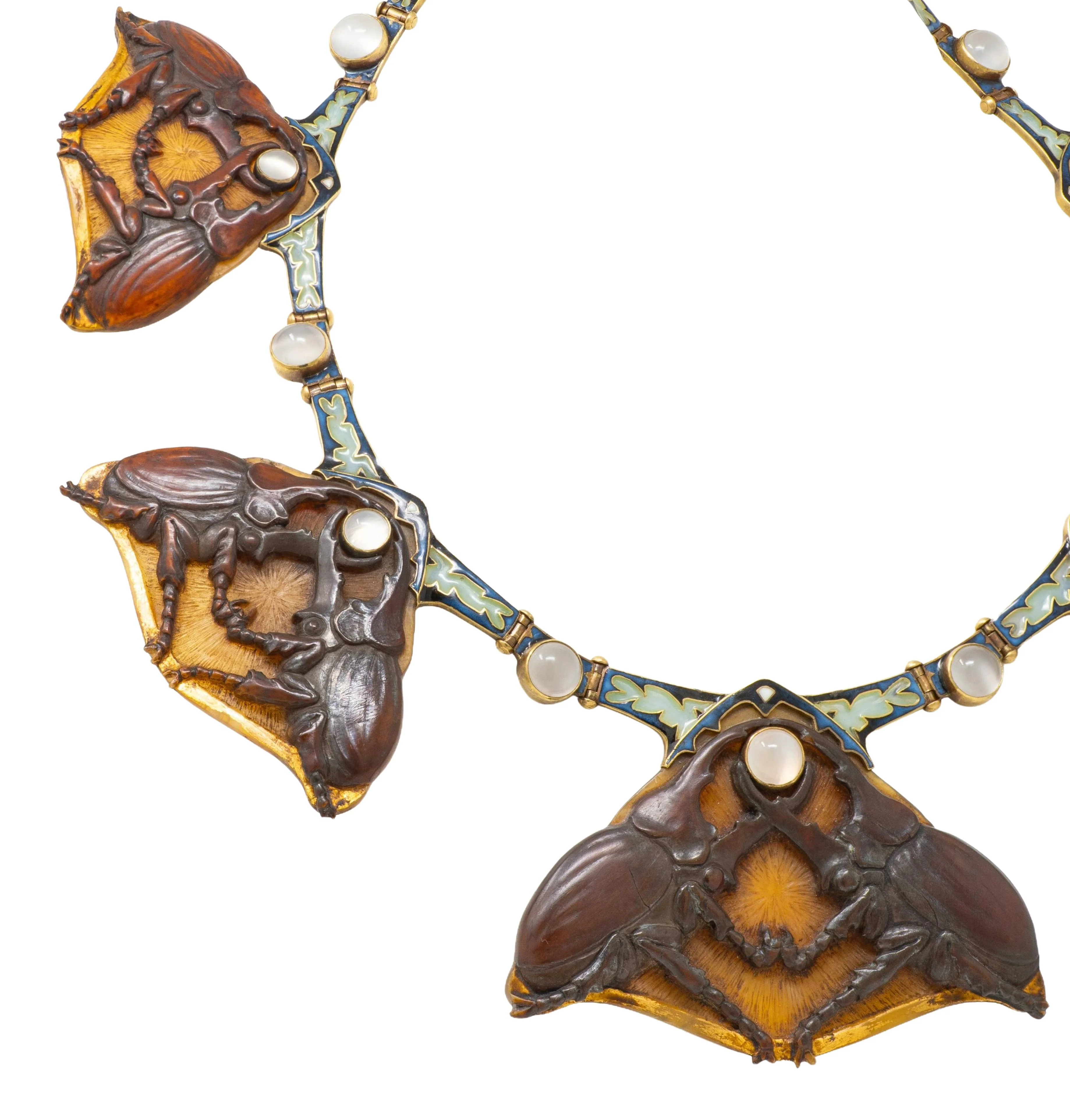 René Lalique Art Nouveau Moonstone Horn Enamel 18 Karat Yellow Gold Antique Stag Beetle Necklace - Image 6