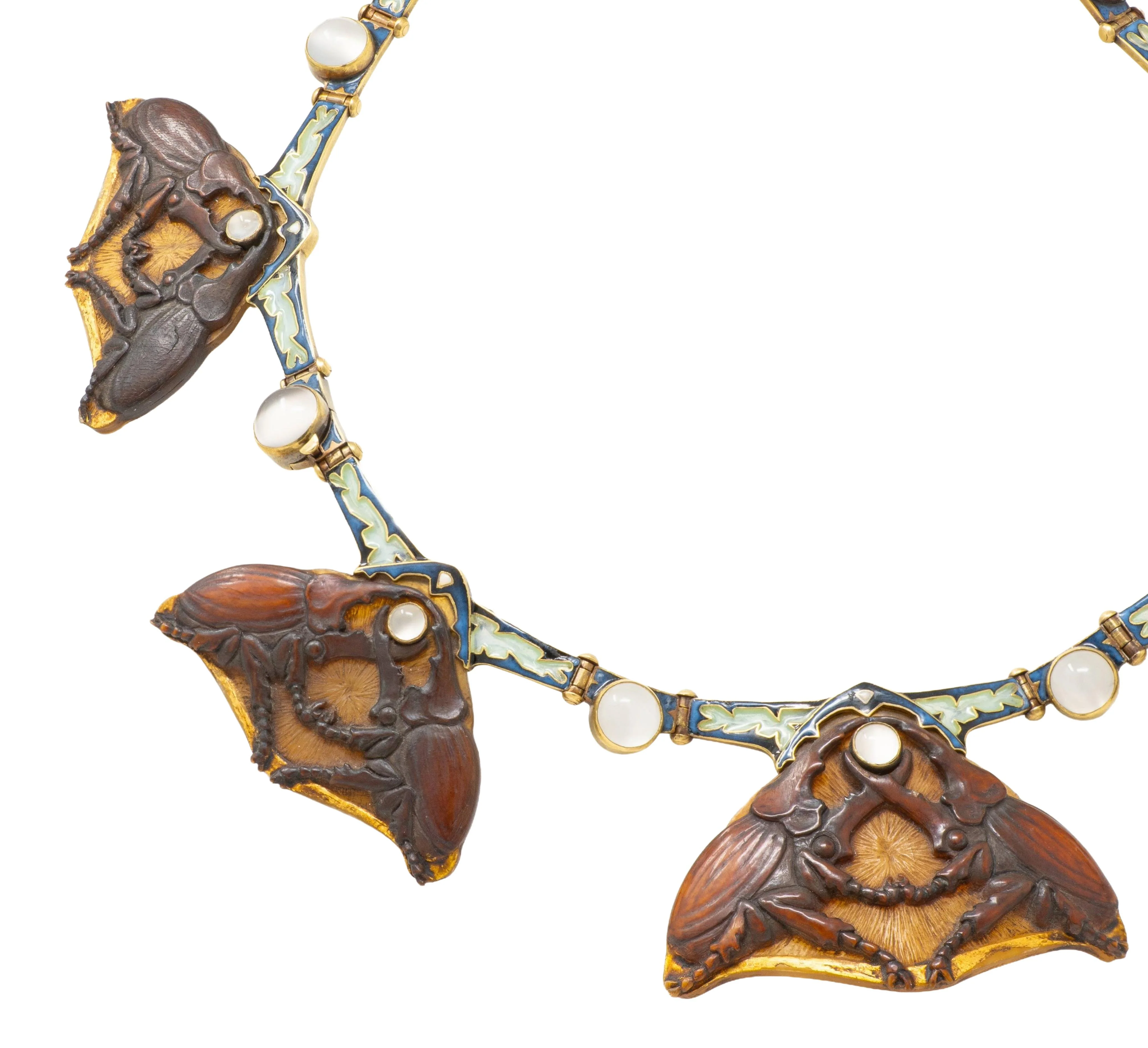 René Lalique Art Nouveau Moonstone Horn Enamel 18 Karat Yellow Gold Antique Stag Beetle Necklace - Image 7