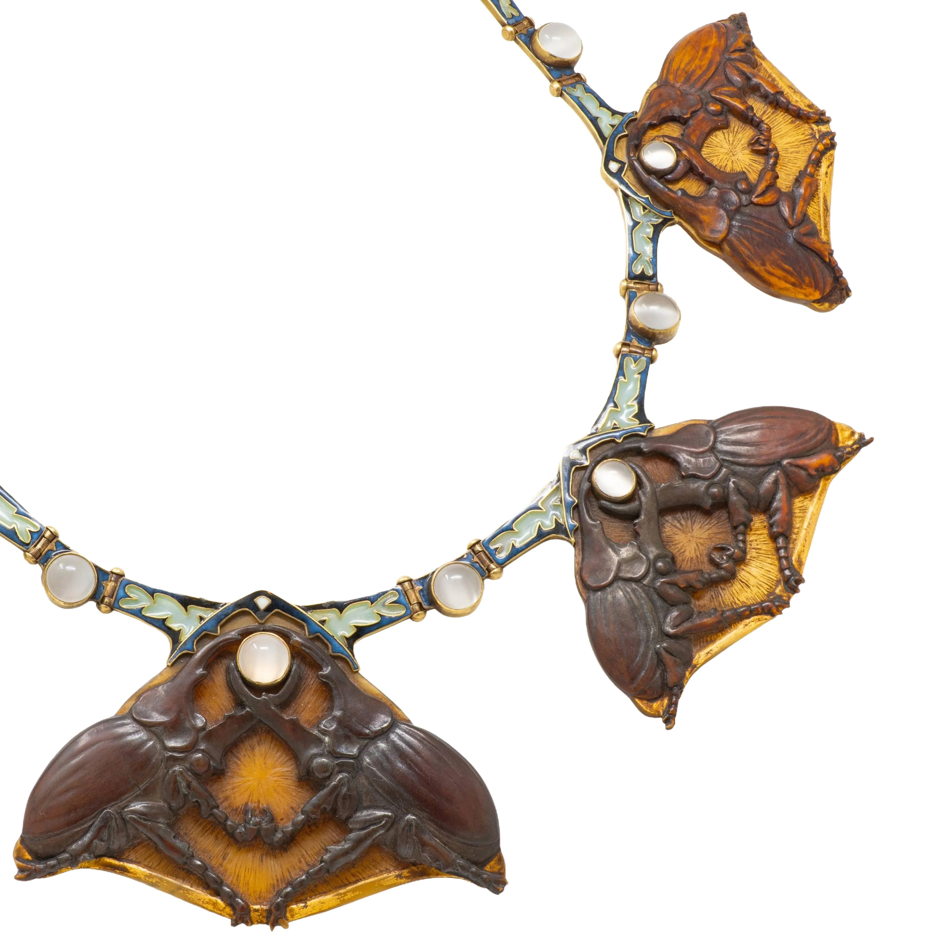 René Lalique Art Nouveau Moonstone Horn Enamel 18 Karat Yellow Gold Antique Stag Beetle Necklace - Image 8