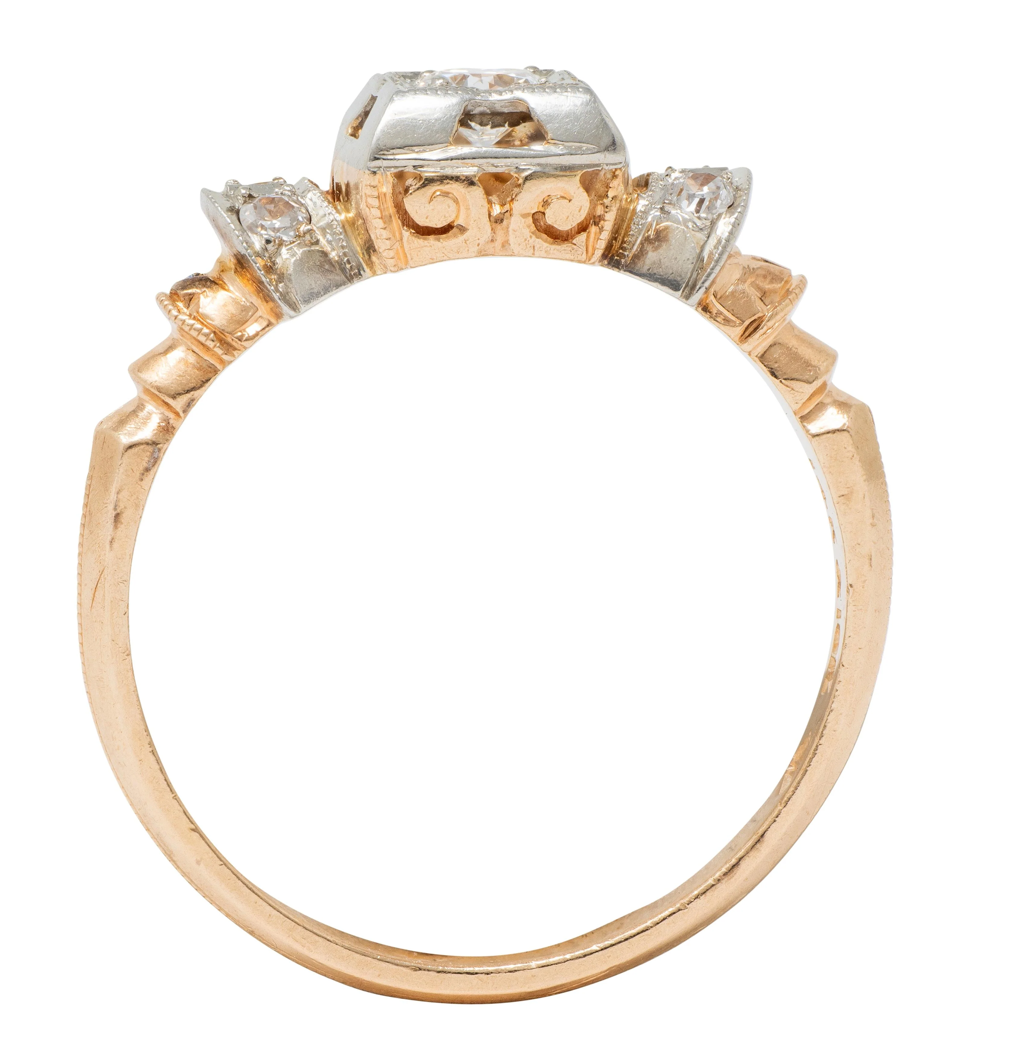 Retro 0.28 CTW Diamond 18 Karat Two-Tone Gold Fanning Vintage Engagement Ring - Image 10
