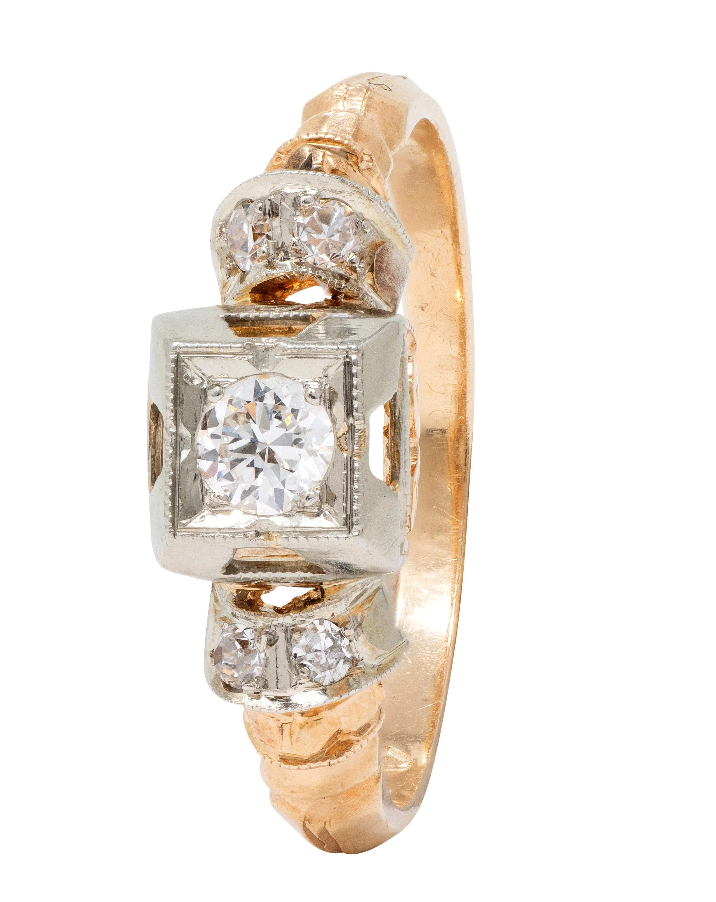 Retro 0.28 CTW Diamond 18 Karat Two-Tone Gold Fanning Vintage Engagement Ring - Image 11