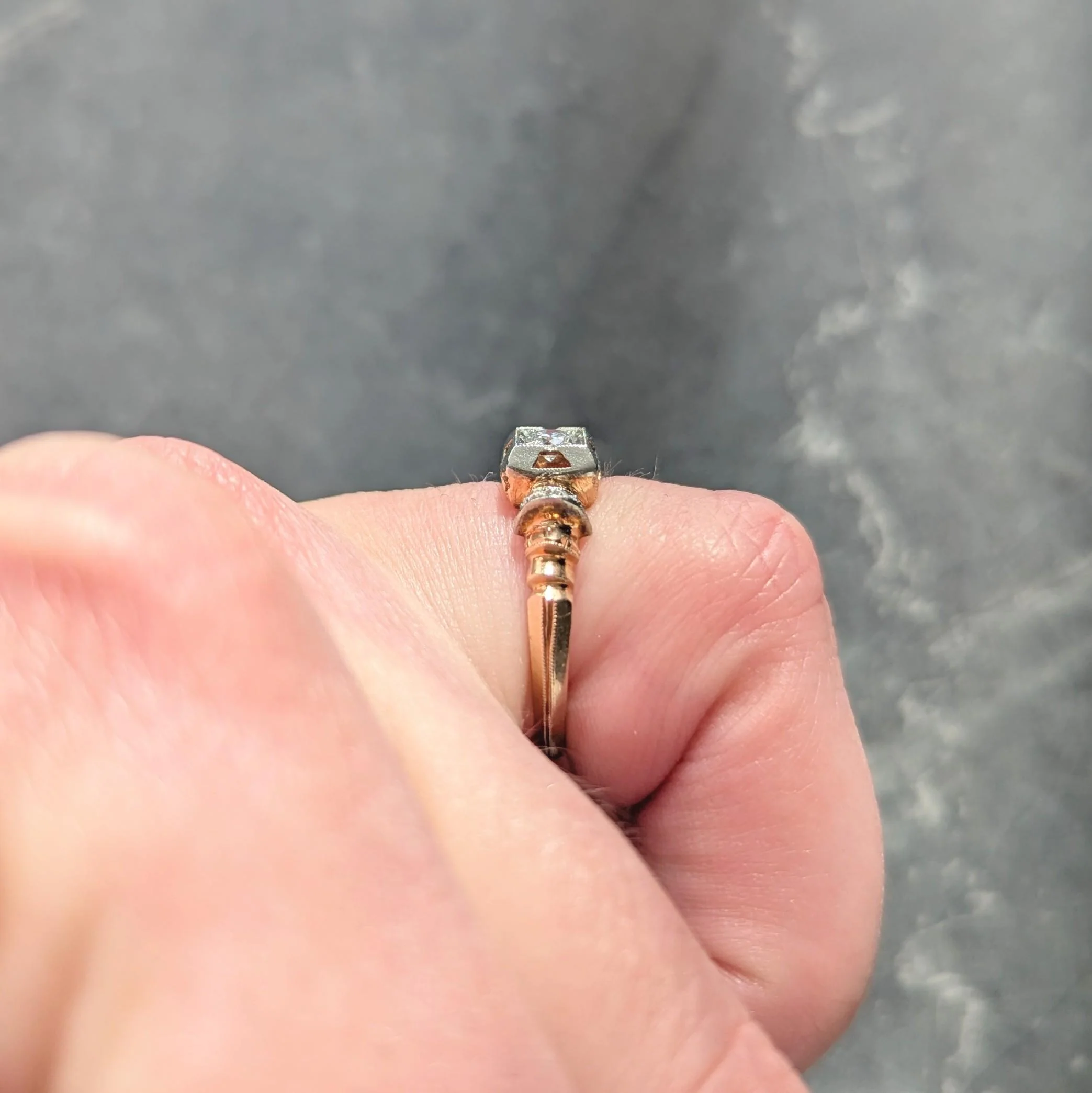 Retro 0.28 CTW Diamond 18 Karat Two-Tone Gold Fanning Vintage Engagement Ring - Image 13