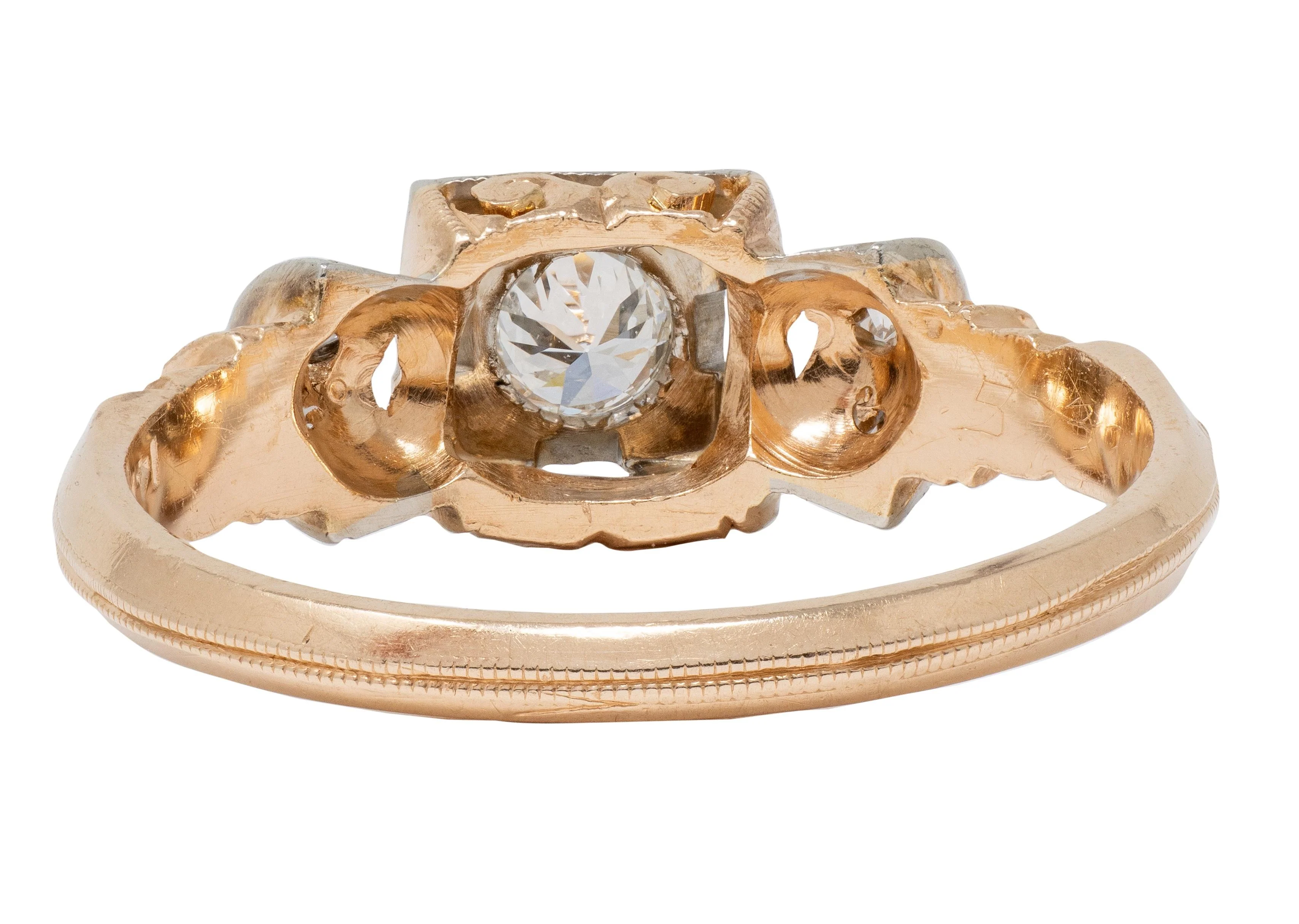 Retro 0.28 CTW Diamond 18 Karat Two-Tone Gold Fanning Vintage Engagement Ring - Image 5