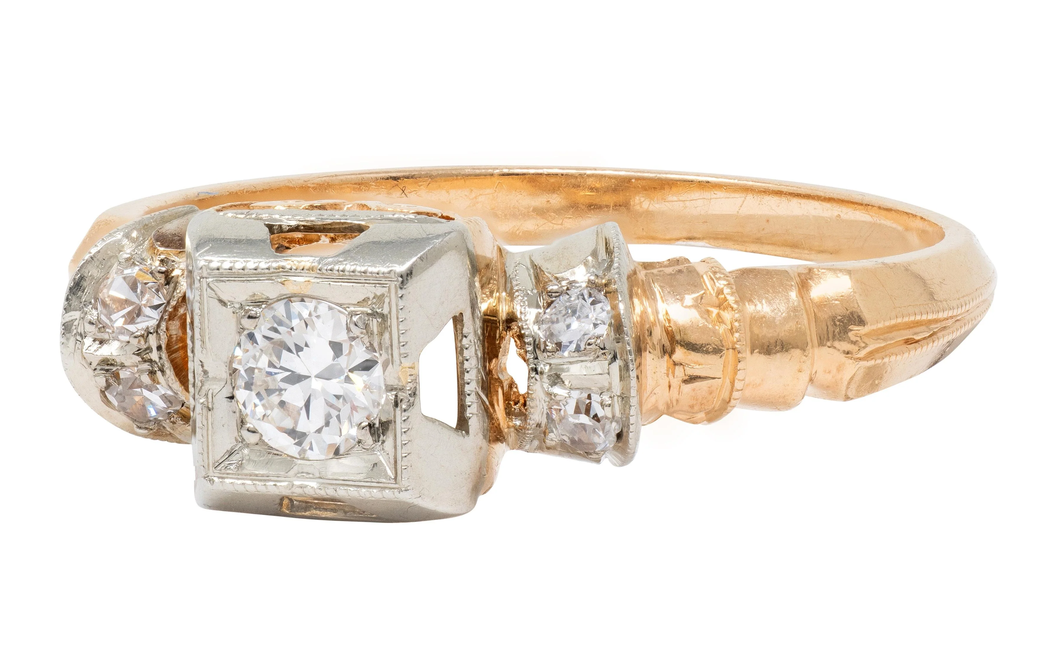 Retro 0.28 CTW Diamond 18 Karat Two-Tone Gold Fanning Vintage Engagement Ring - Image 7