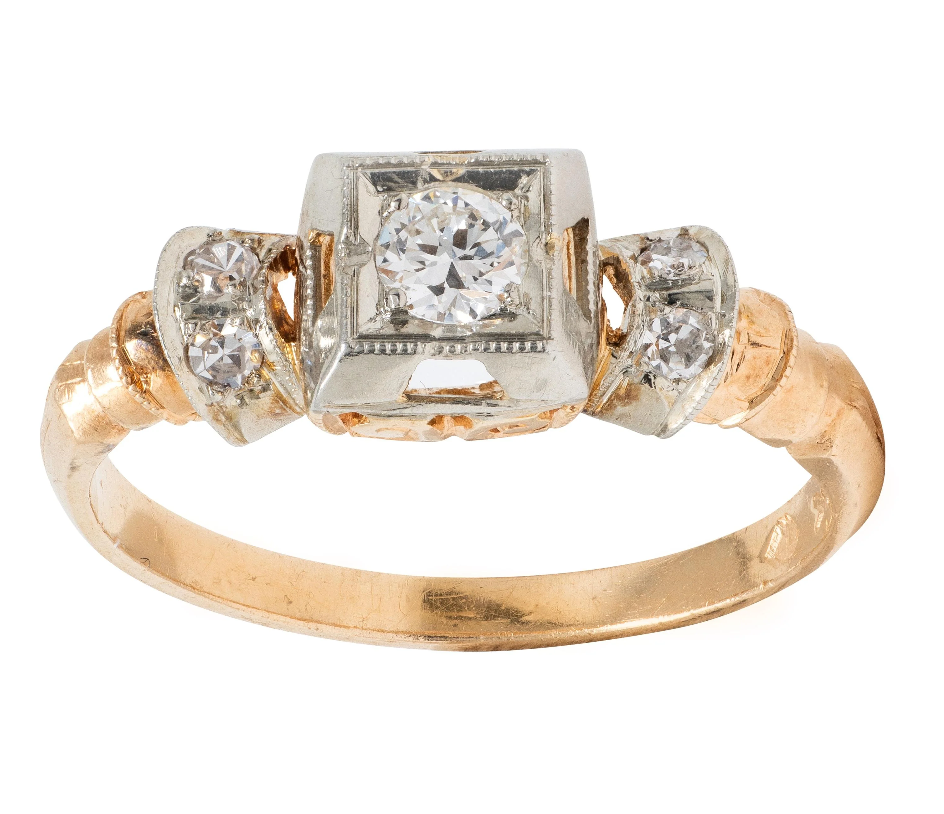 Retro 0.28 CTW Diamond 18 Karat Two-Tone Gold Fanning Vintage Engagement Ring - Image 9