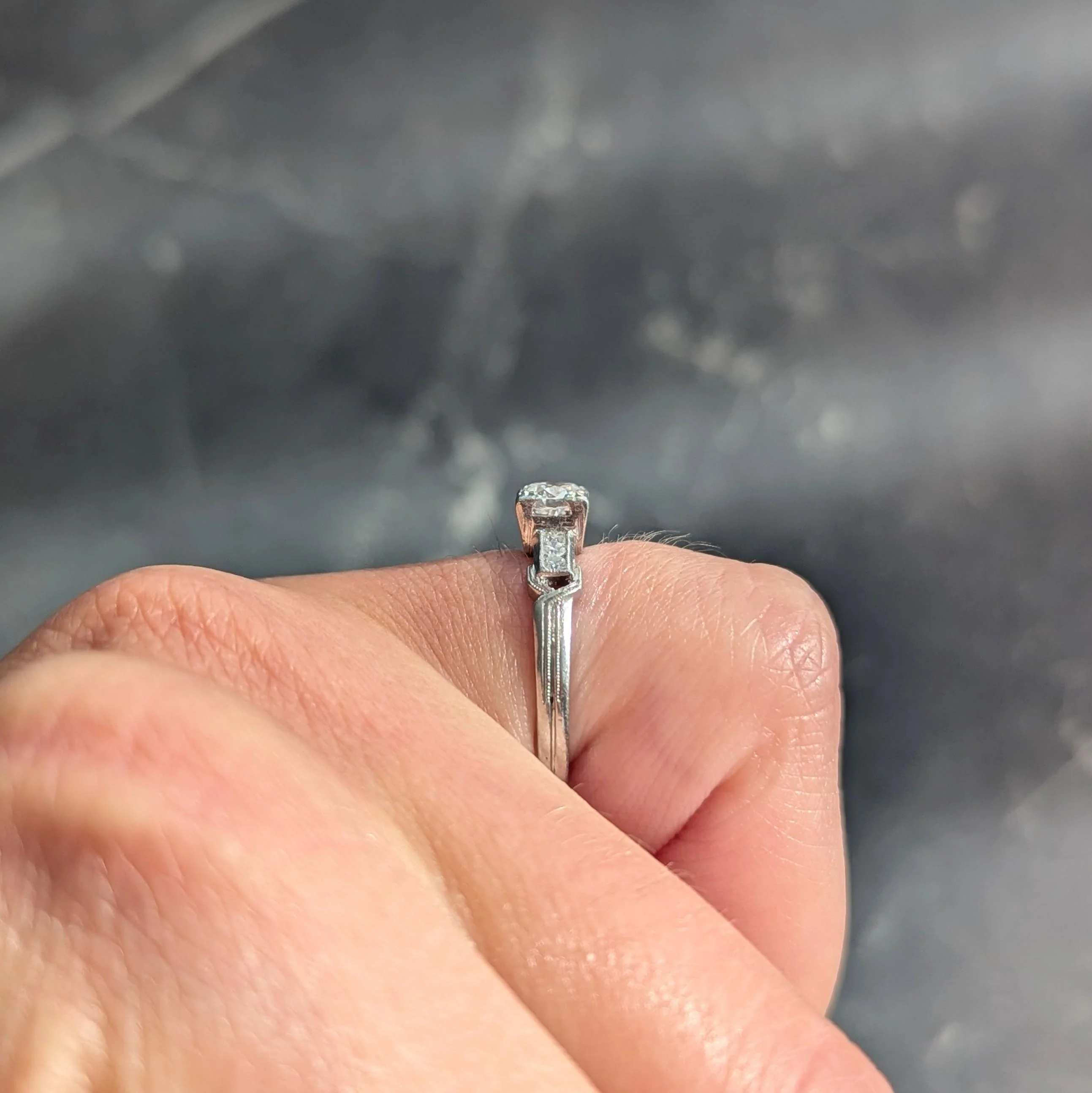 Retro 0.45 CTW Old European Cut Diamond Platinum Vintage Buckle Engagement Ring - Image 9