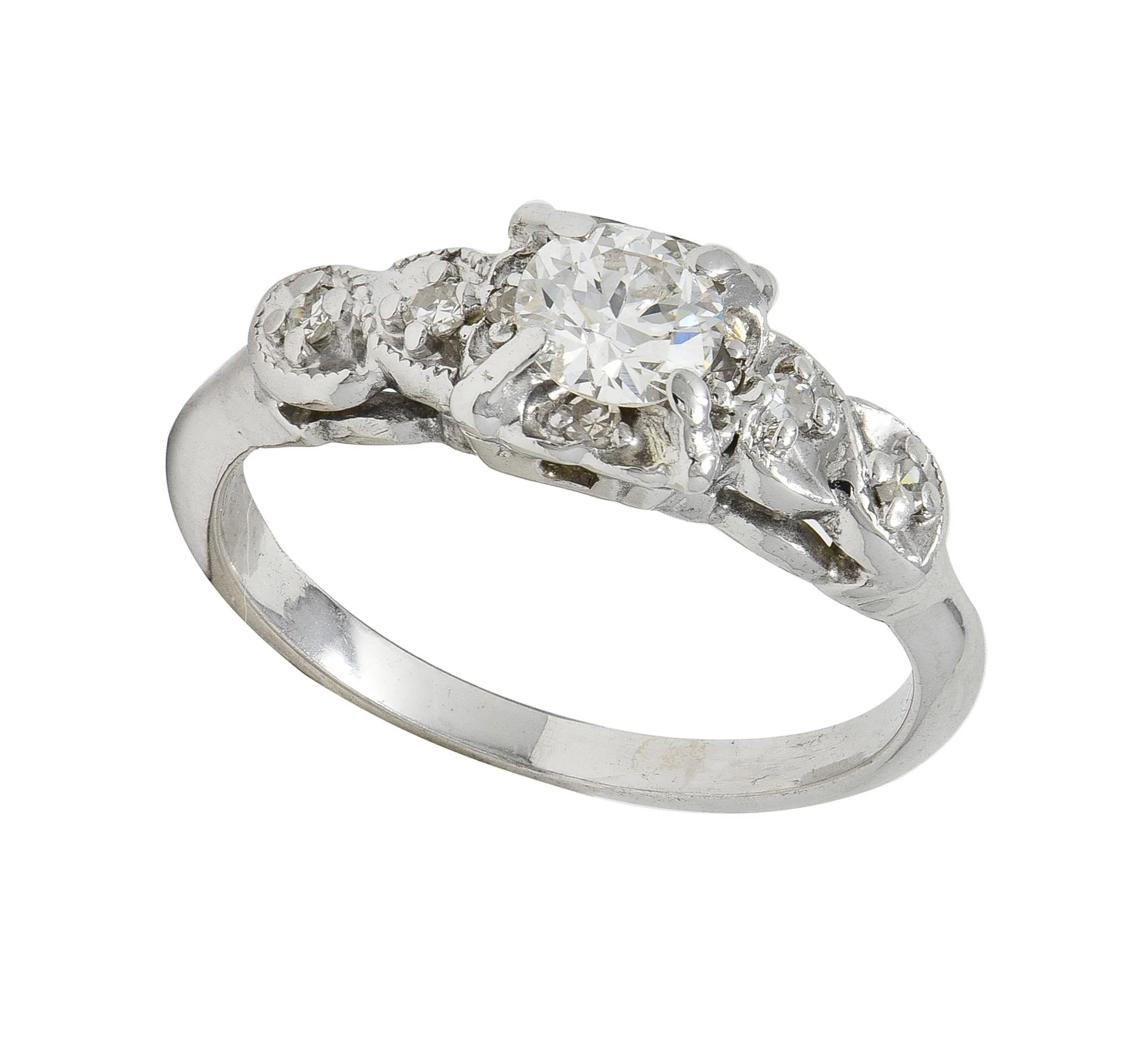 Retro 0.45 CTW Old European Diamond 14 Karat White Gold Vintage Foliate Engagement Ring - Image 6