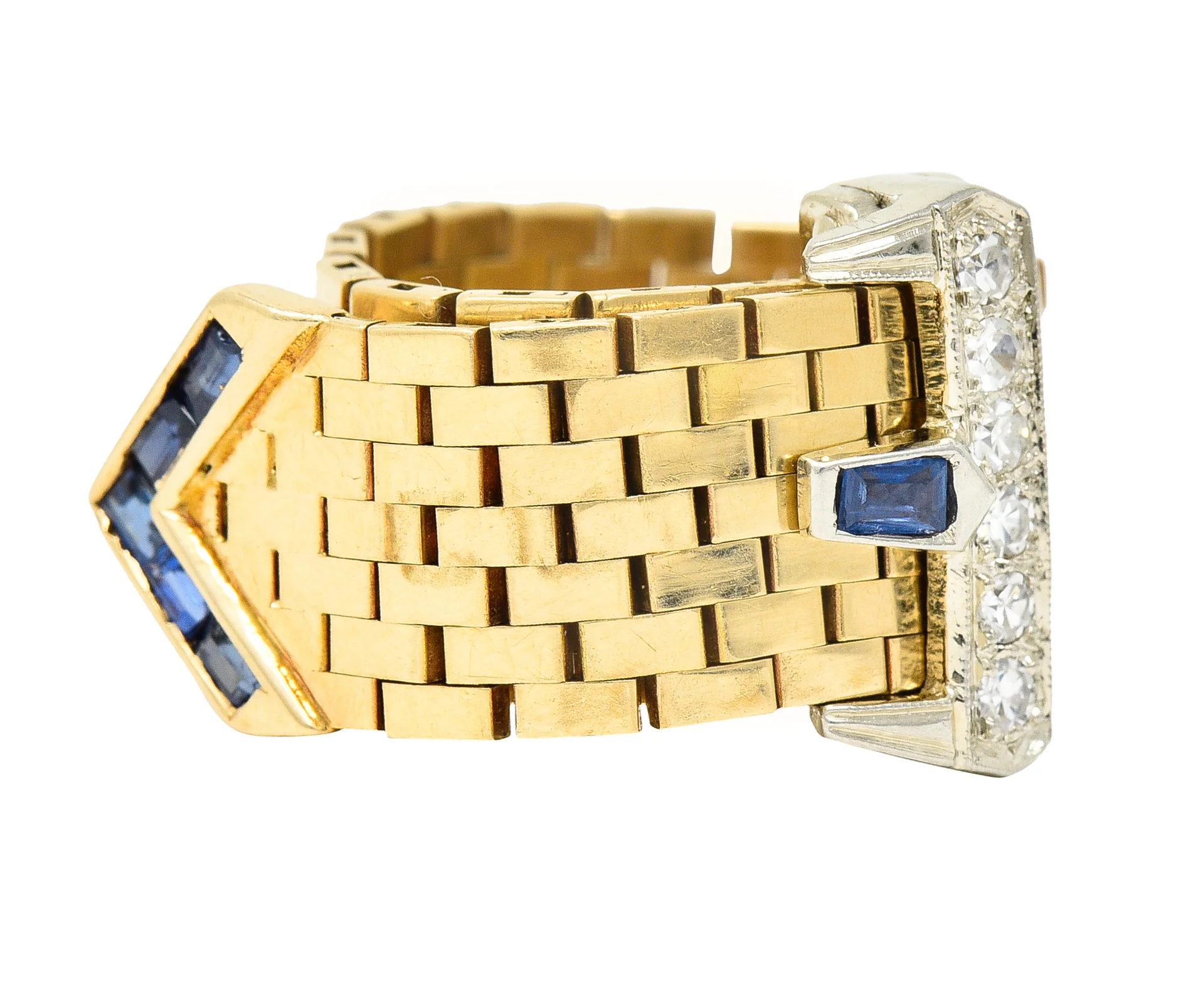 Retro 0.54 CTW Sapphire Diamond 14 Karat Two-Tone Gold Vintage Buckle Ring - Image 3