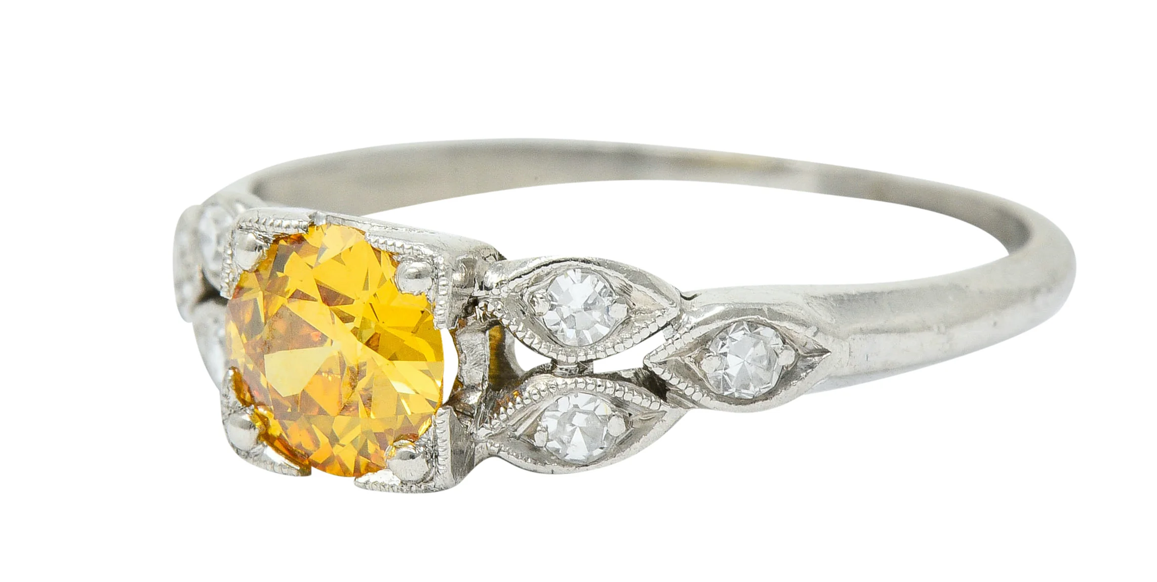 Retro 0.60 CTW Orange-Yellow & White Diamond Platinum Engagement Ring GIA - Image 6